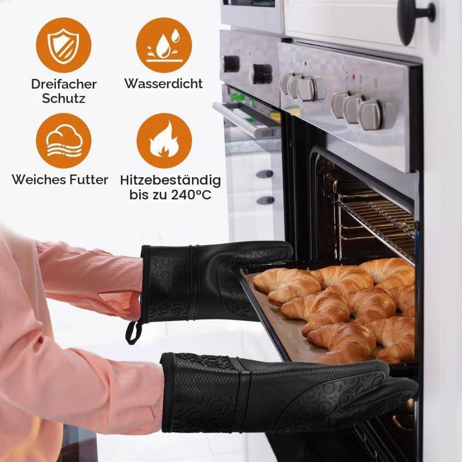 Ofenhandschuhe nehmen ein Tablett mit Croissants aus einem Ofen; Symbole heben dreifachen Schutz, Wasserdichtigkeit, weiches Futter und Hitzebeständigkeit bis 240°C hervor.