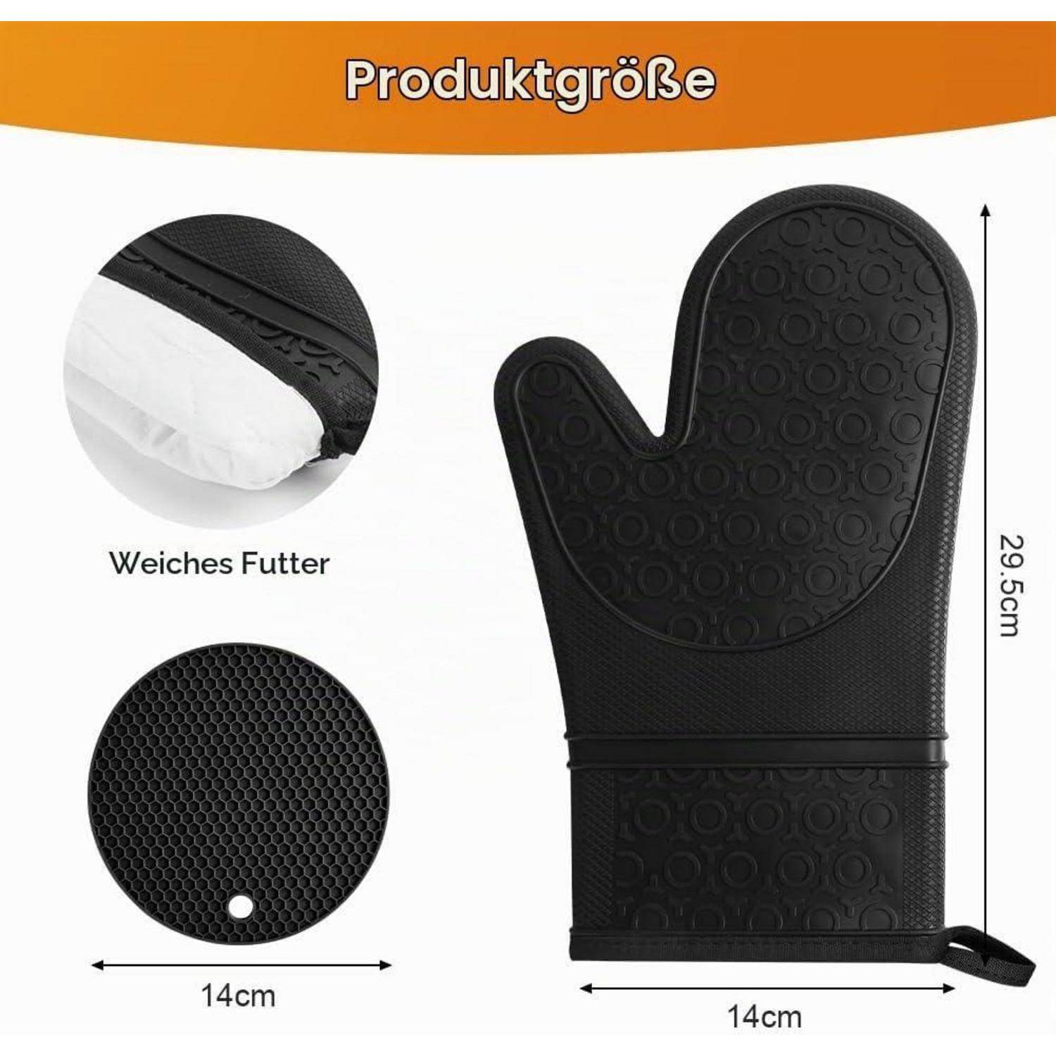 Größendiagramm eines schwarzen Ofenhandschuhs: 29,5 cm hoch und 14 cm breit, mit weichem Futter (in Großaufnahme gezeigt) und Basisdurchmesser von 14 cm.