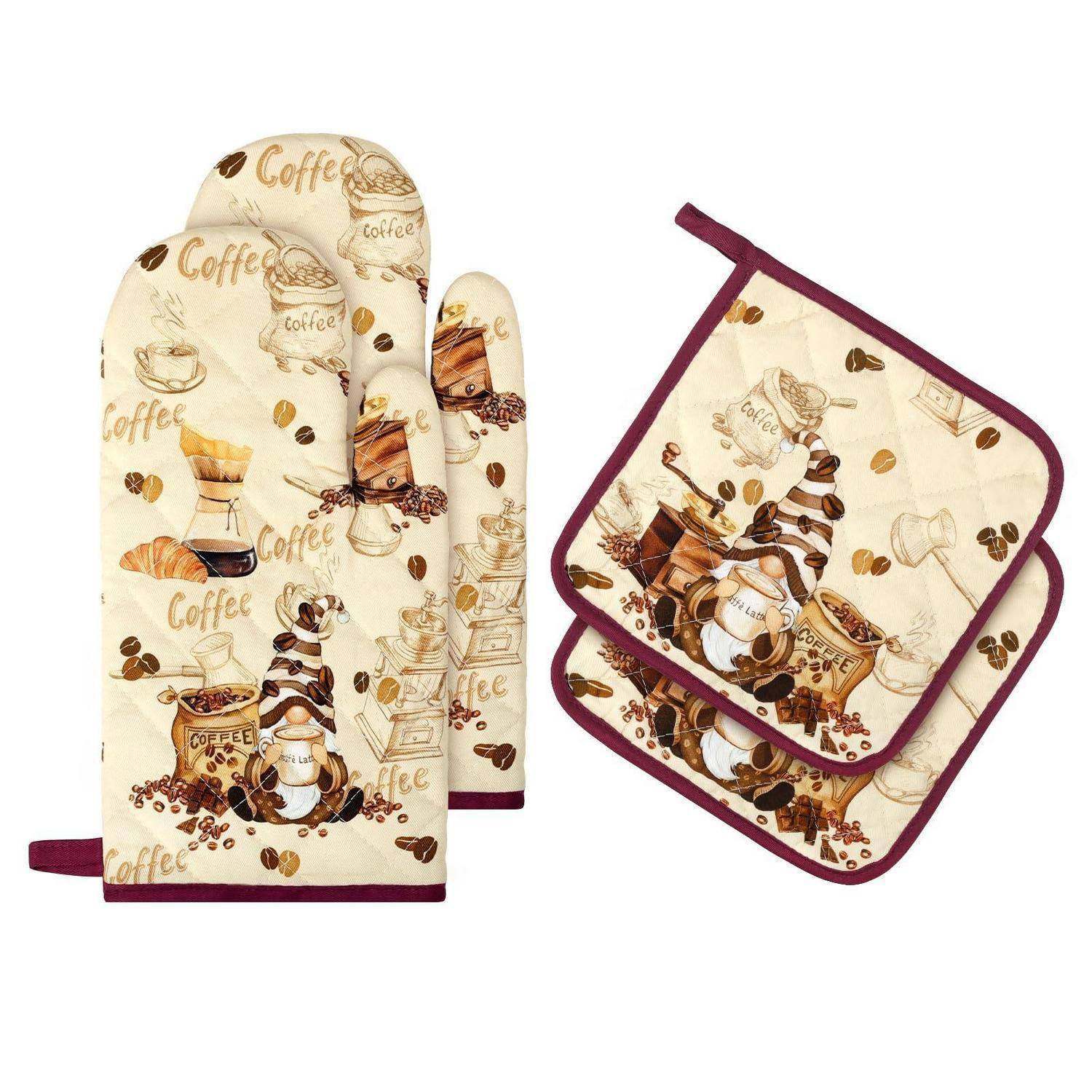 Kaffee-thematisierter Ofenhandschuh und passender Topflappen mit cremefarbenem Hintergrund, Kaffeetasse- und Bohnenmuster sowie Bordeaux-Einfassung.
