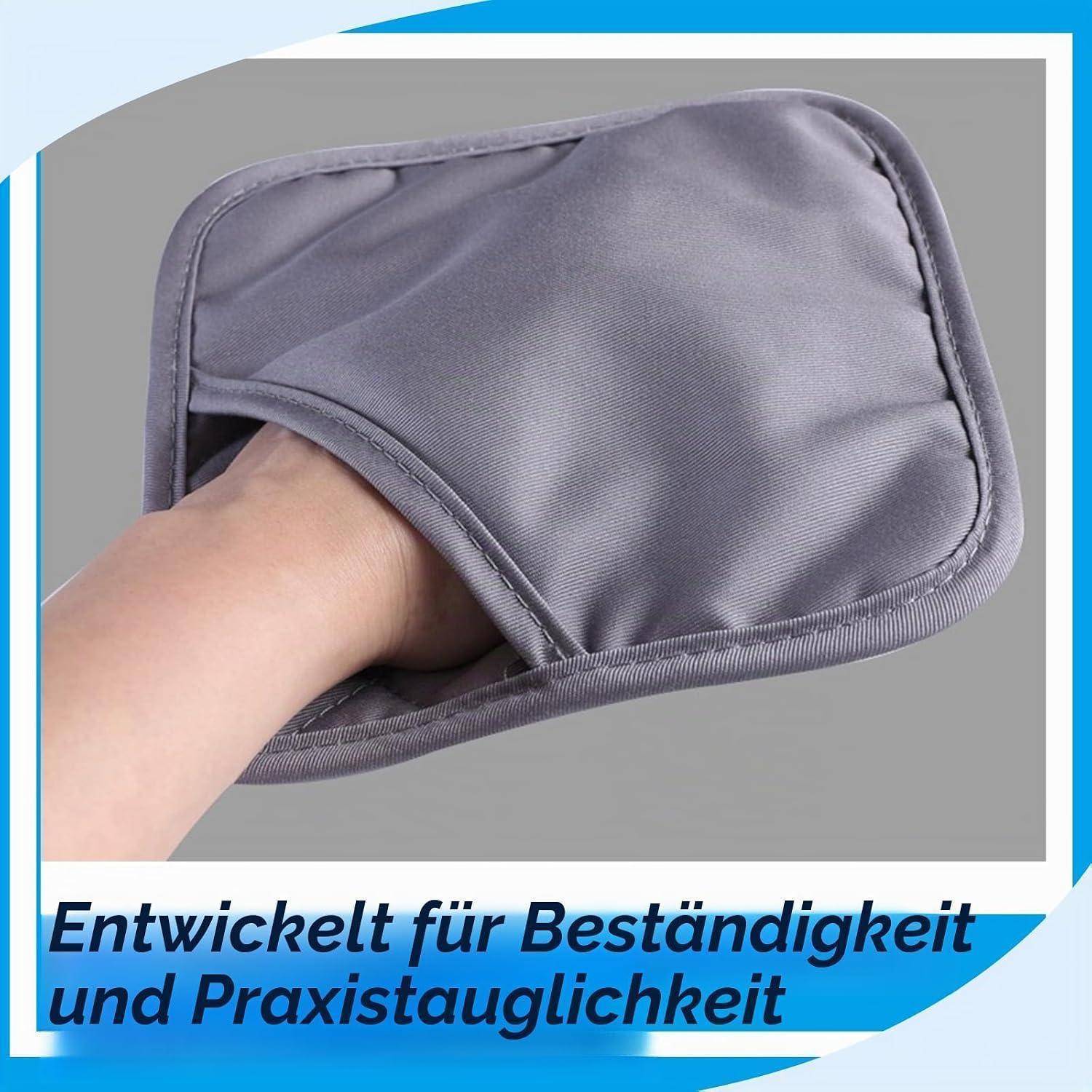Hand in a gray padded protective sleeve or mitt with German text below: 'Entwickelt für Beständigkeit und Praxistauglichkeit