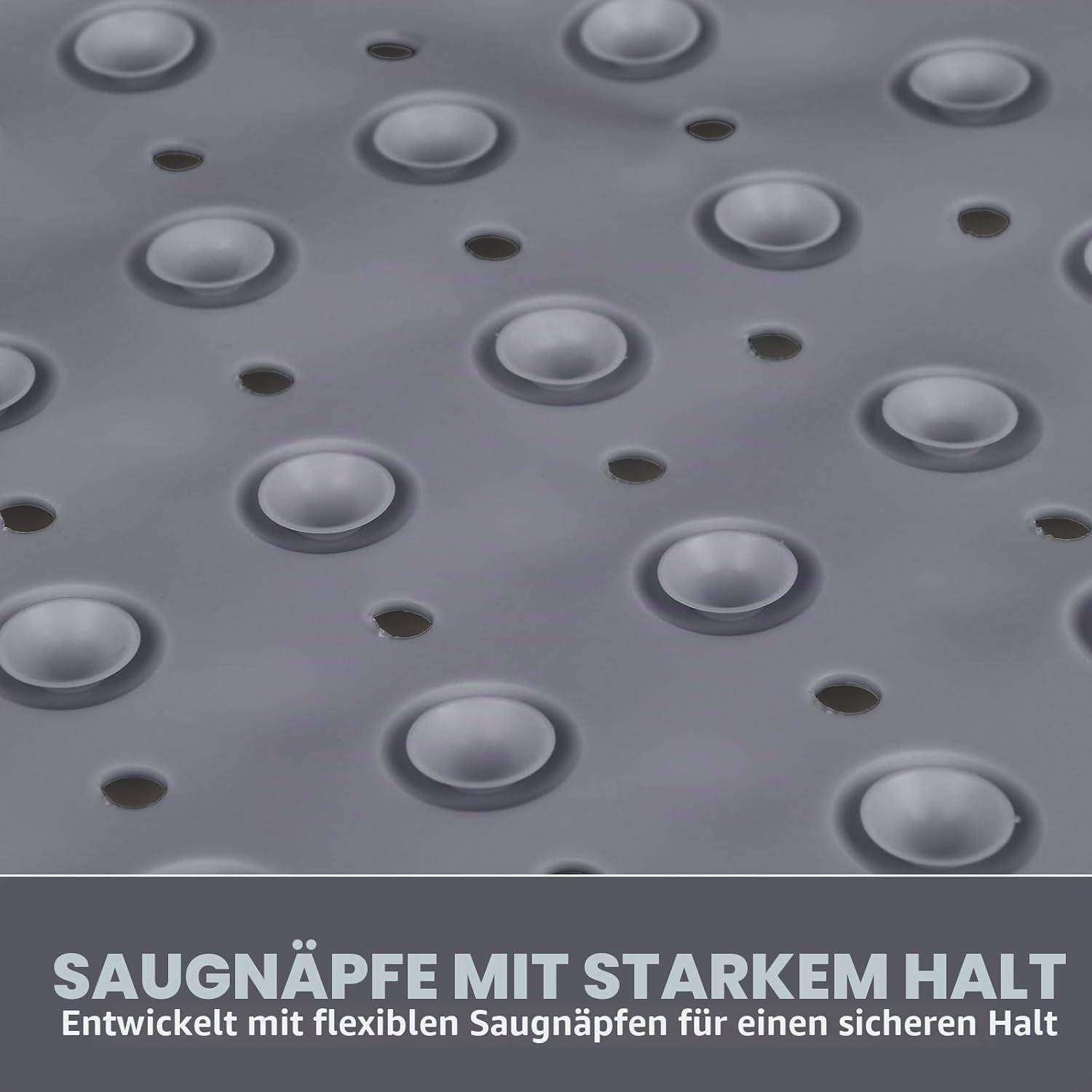 Graue perforierte Oberfläche mit mehreren erhabenen Saugnäpfen; deutscher Text lautet „SAUGNÄPFE MIT STARKEM HALT