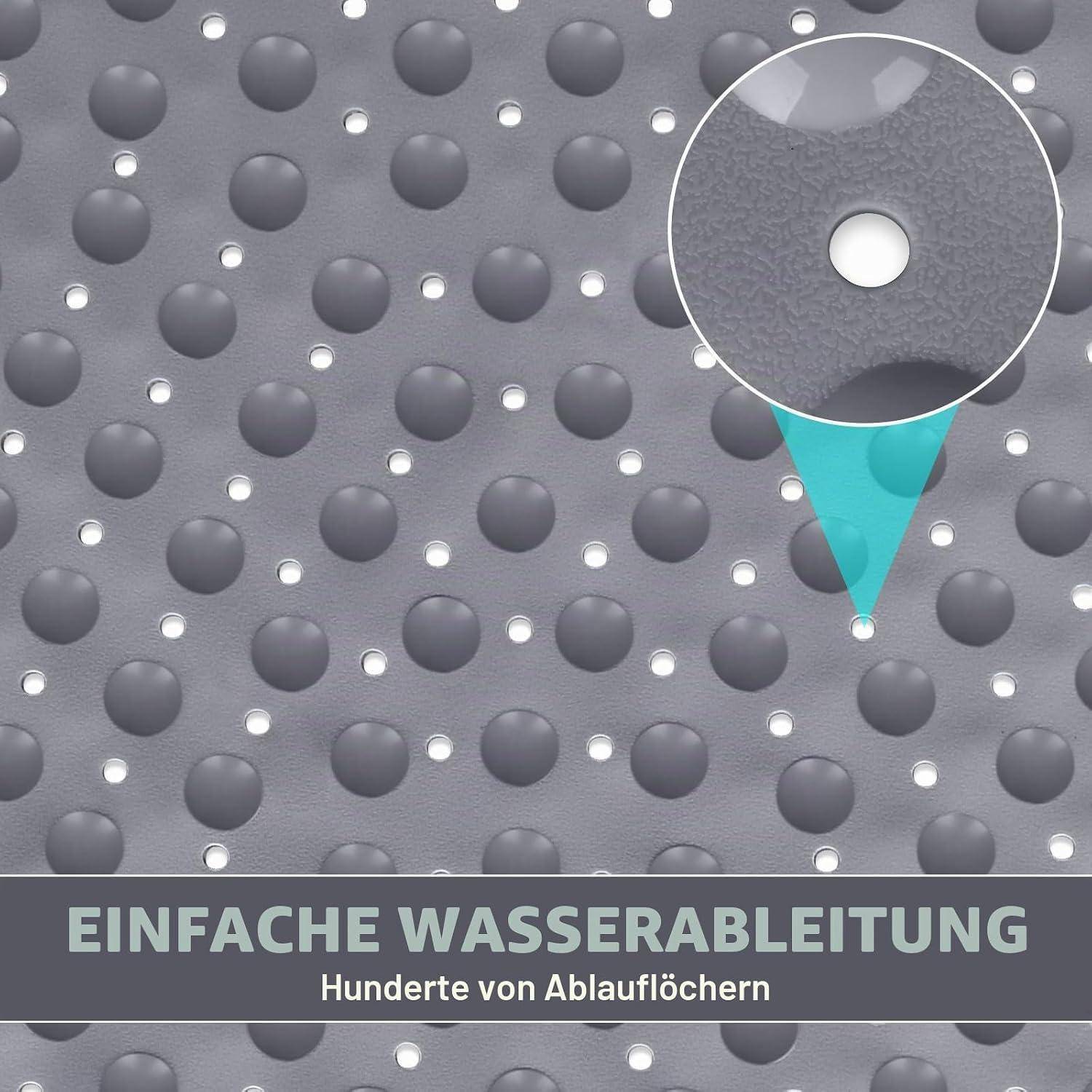 Nahaufnahme einer perforierten grauen Drainagefläche mit hervorgehobenem Loch; Text lautet „EINFACHE WASSERABLEITUNG
