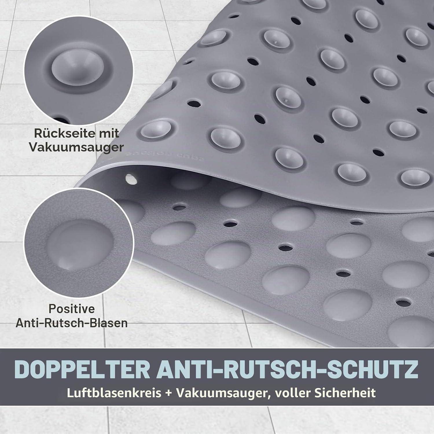 Graue rutschfeste Matte mit Saugnäpfen und Luftklinge-Noppen, auf Deutsch gekennzeichnet als „doppelter Rutschschutz