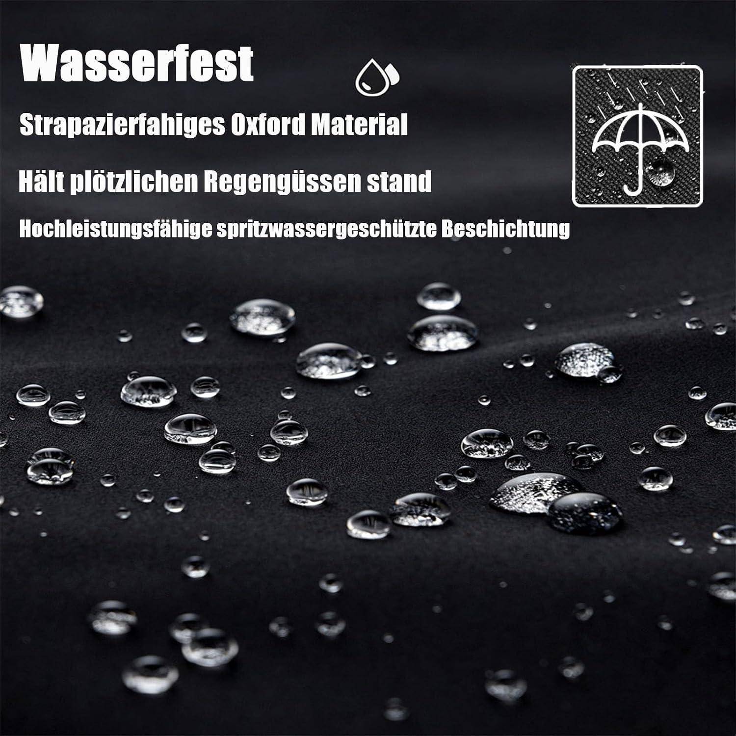 Wasserdichtes schwarzes Oxford-Gewebe mit Wassertropfen; der deutsche Text besagt, dass es plötzlichen Regen standhält und eine hochleistungs-wasserabweisende Beschichtung hat.