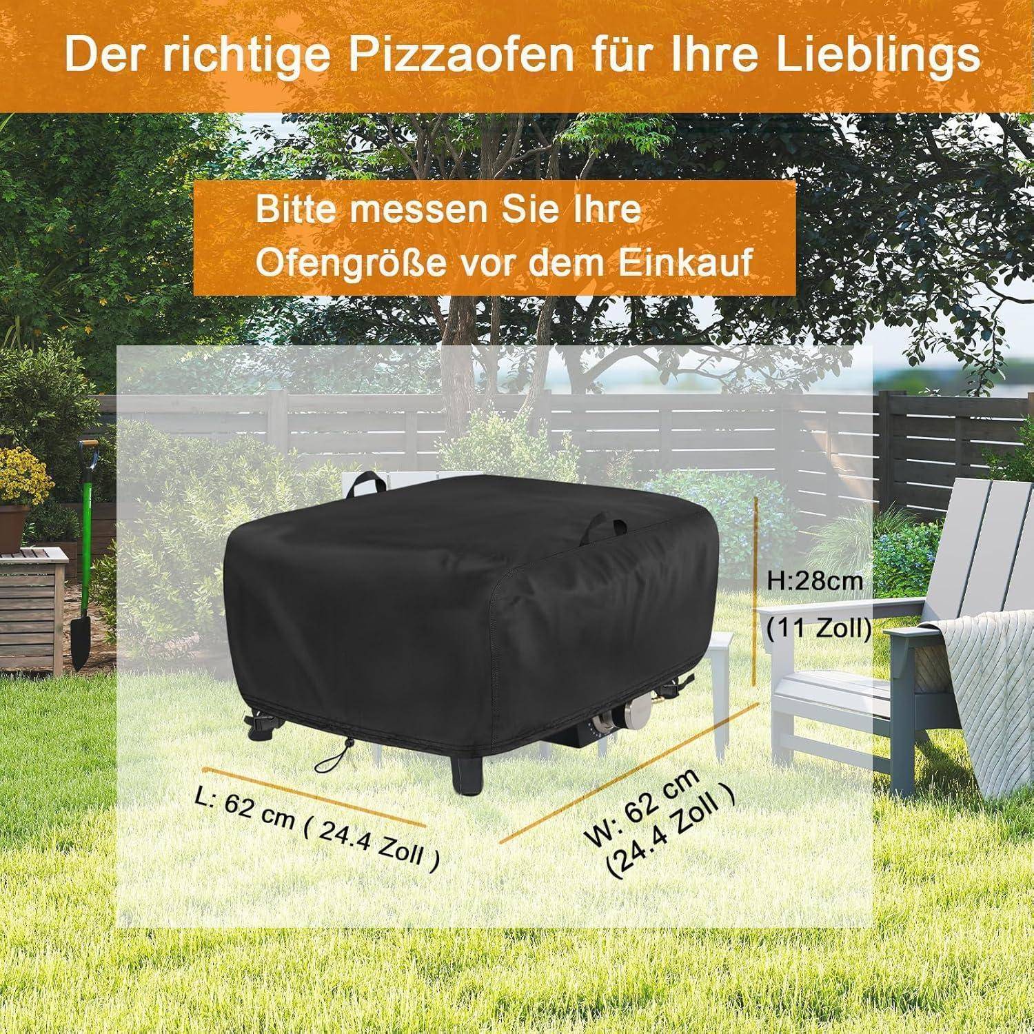 Werbebildung eines abgedeckten Pizzaofens mit Größenleitfaden: L 62 cm, B 62 cm, H 28 cm, und Text mit der Empfehlung, die Ofengröße vor dem Kauf zu messen.