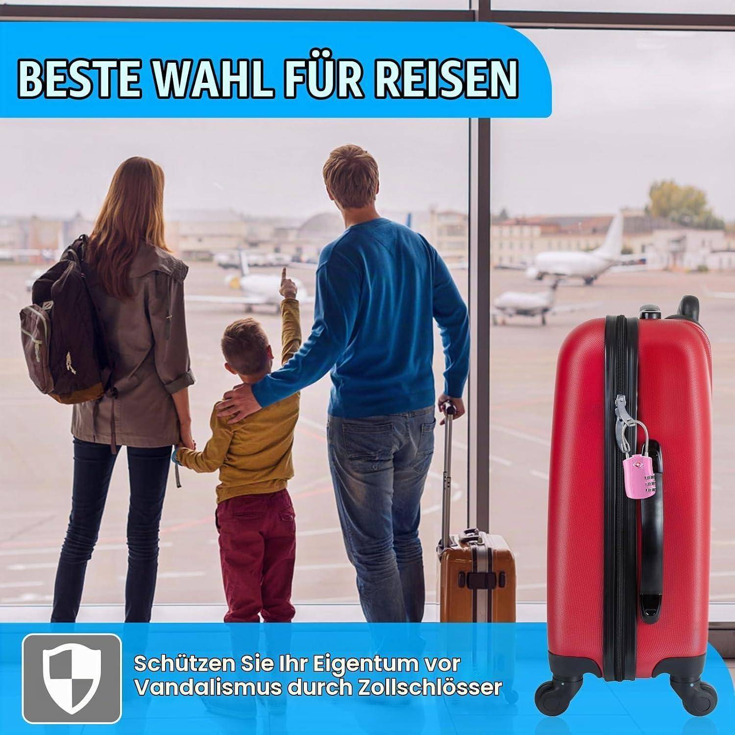 Familie am Flughafenfenster mit Gepäck, die auf Flugzeuge schaut; roter Koffer mit Vorhängeschloss und deutschem Text, der Reise- und Zollschlösser bewirbt.