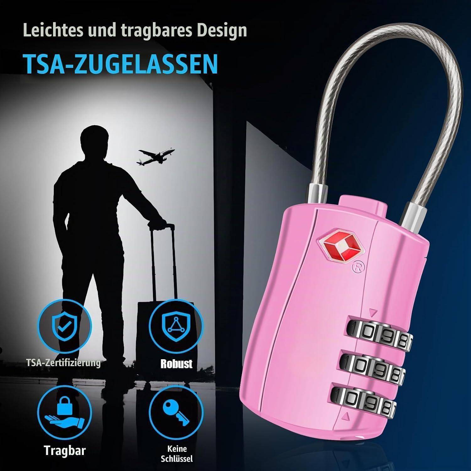 Rosa TSA-zugelassenes Gepäckschloss mit Kabelschäkel und Kombinationsdials, dargestellt in einer Anzeige, die das leichte, tragbare, robuste Design und die Tatsache, dass kein Schlüssel erforderlich ist, hervorhebt.