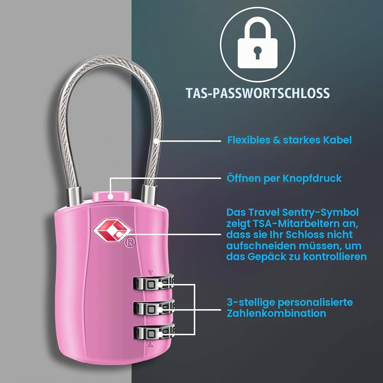 Rosafarbenes TSA-Kombinationsreiseschloss mit Stahlkabel und 3-stelligem personalisierten Code, beschriftet in Deutsch mit Funktionen wie Knopfdruck-Öffnung und Travel Sentry-Symbol.