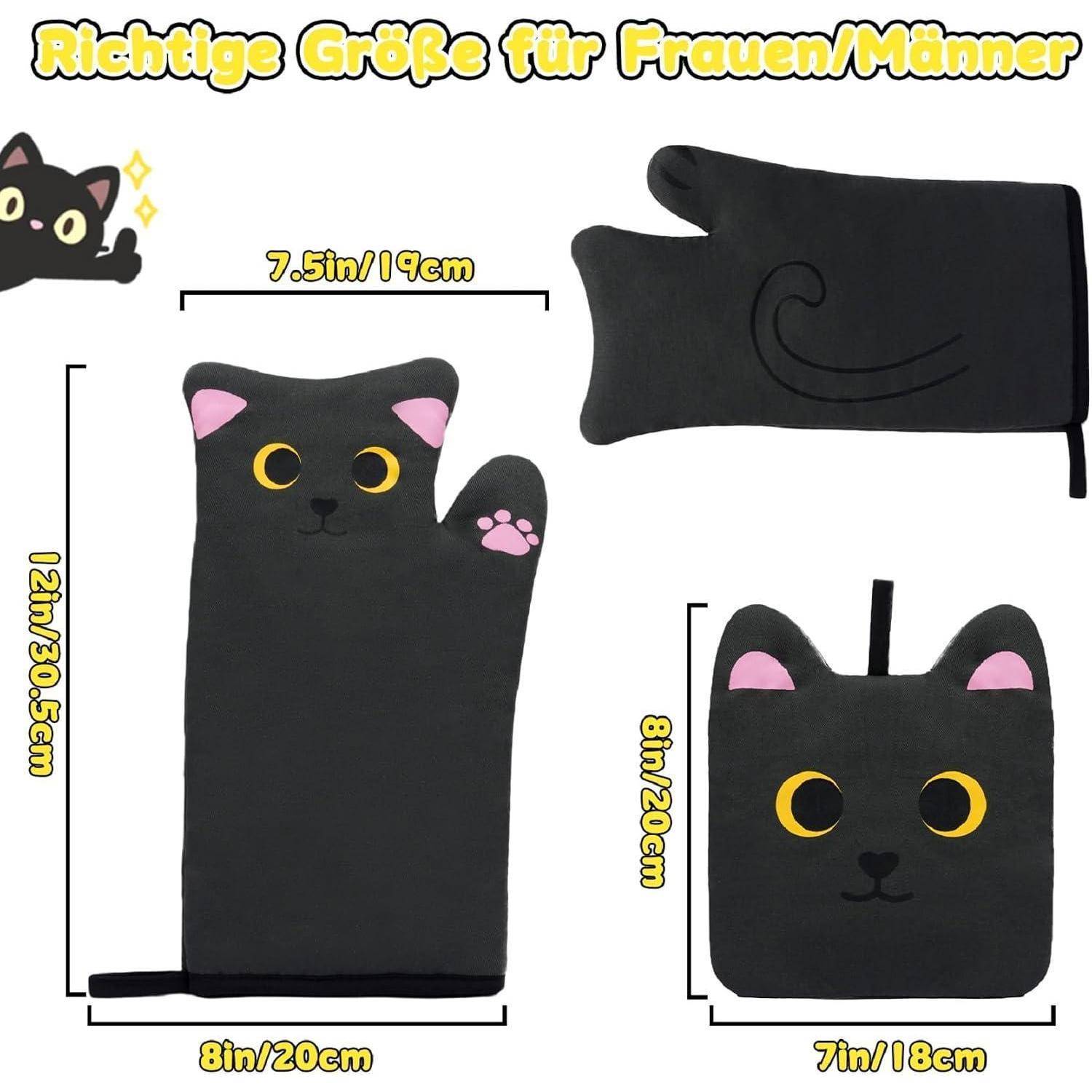 Größentabelle für schwarze katzenförmige Ofenhandschuhe und Topflappen mit Beschriftungen in Deutsch, mit den Abmessungen: Handschuh 12 Zoll x 8 Zoll, Topflappen 8 Zoll x 7 Zoll und Rückenlänge 7,5 Zoll.