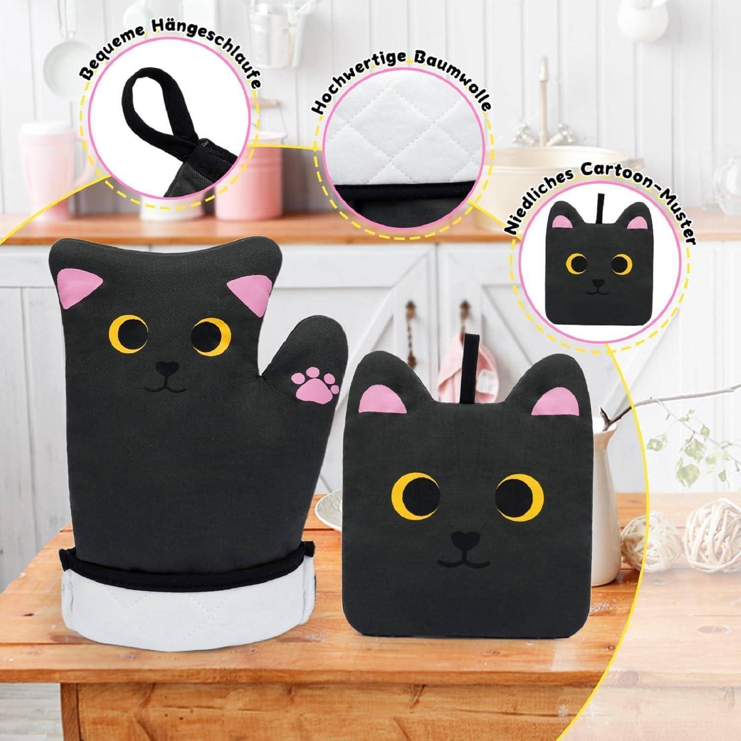 Zwei schwarze katzenförmige Stoffaufbewahrungskörbe auf einem Holztisch, gezeigt mit Nahaufnahmen, die den hängenden Griff, das Baumwollmaterial und das Cartoon-Katzen-Design hervorheben.