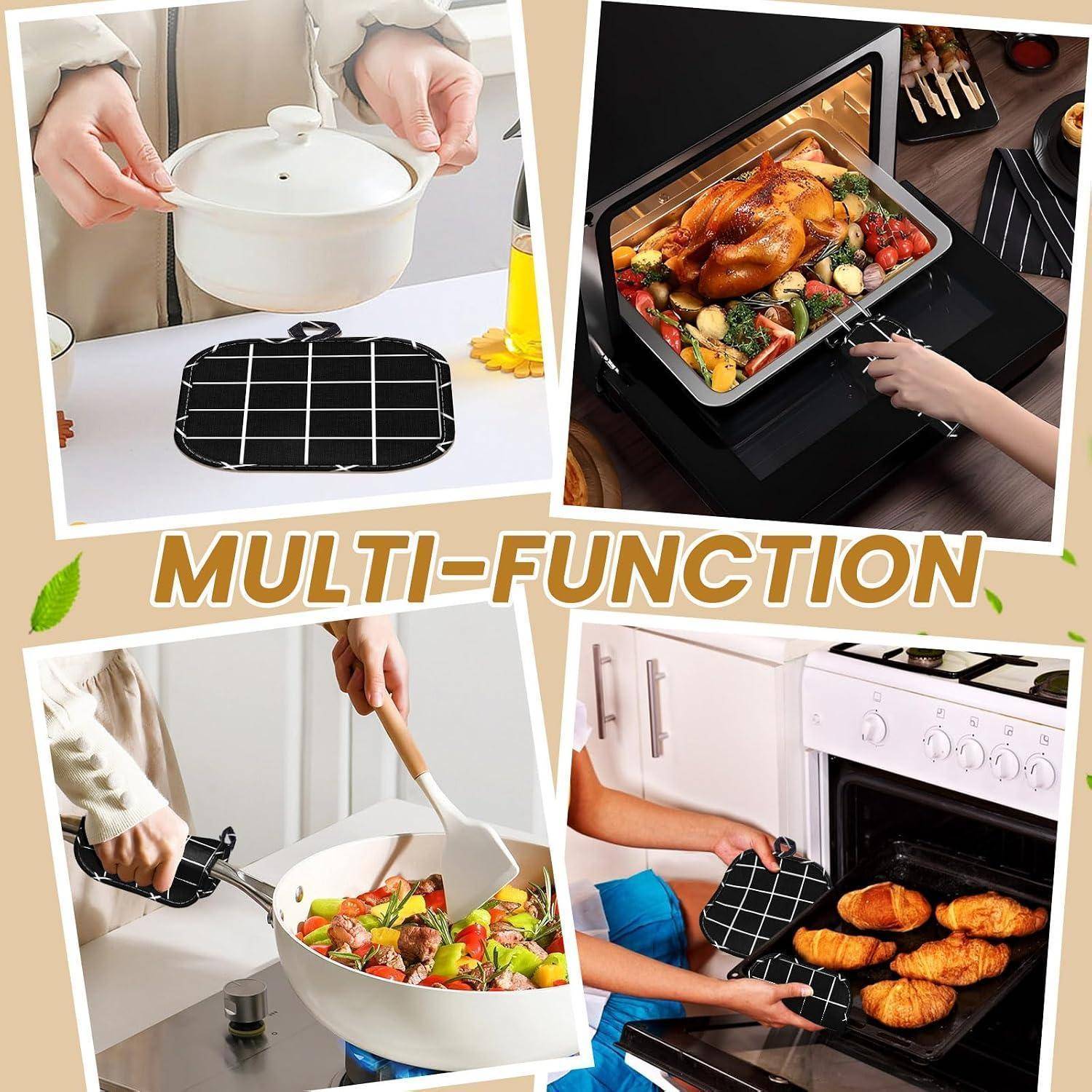 Collage zeigt eine multifunktionale hitzebeständige Matte, die zum Schutz von Oberflächen und zur Unterstützung beim Umgang mit heißem Kochgeschirr und Backblechen bei Küchenarbeiten verwendet wird.