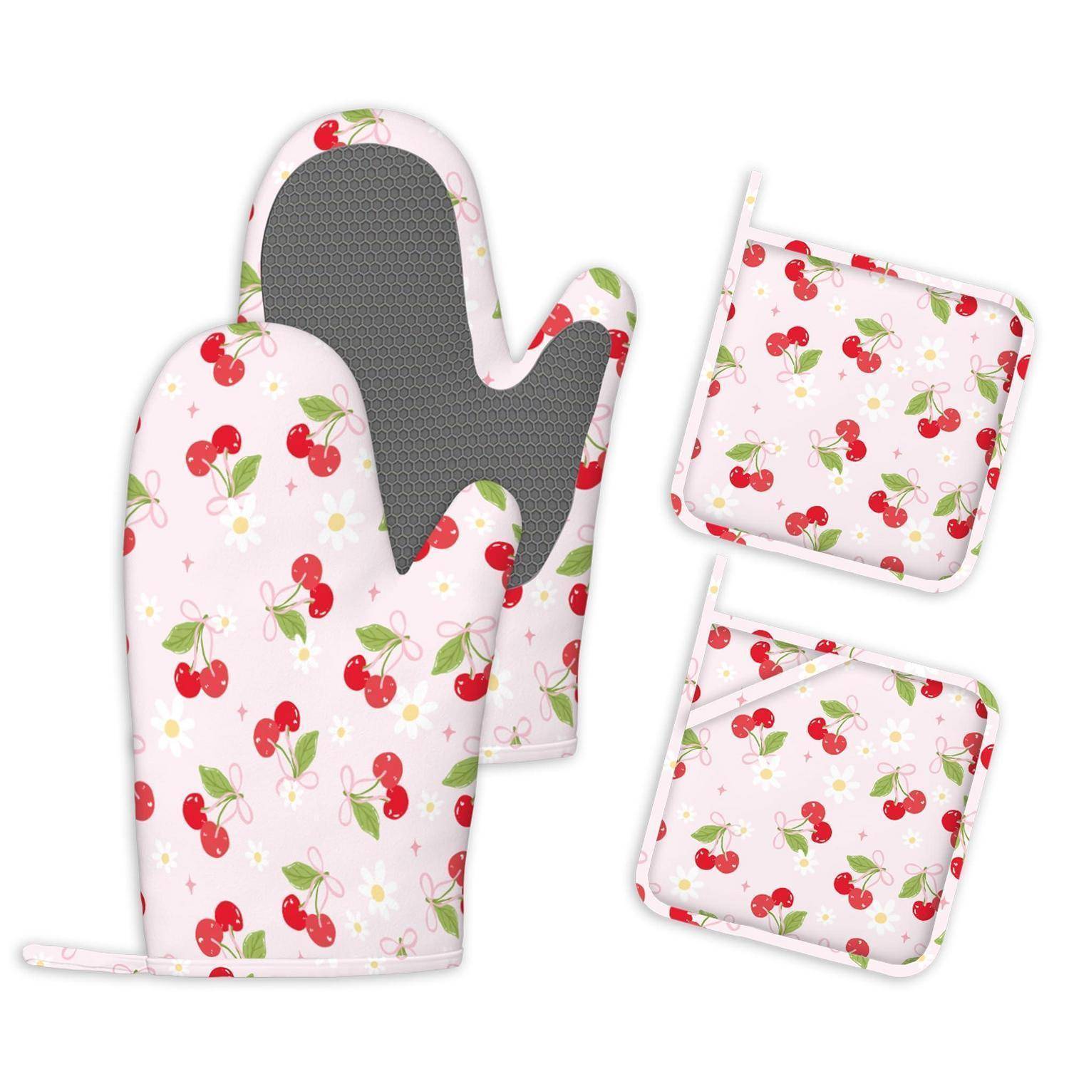 Kirschdruck-Ofenhandschuh und passende Topflappen-Set auf weißem Hintergrund.
