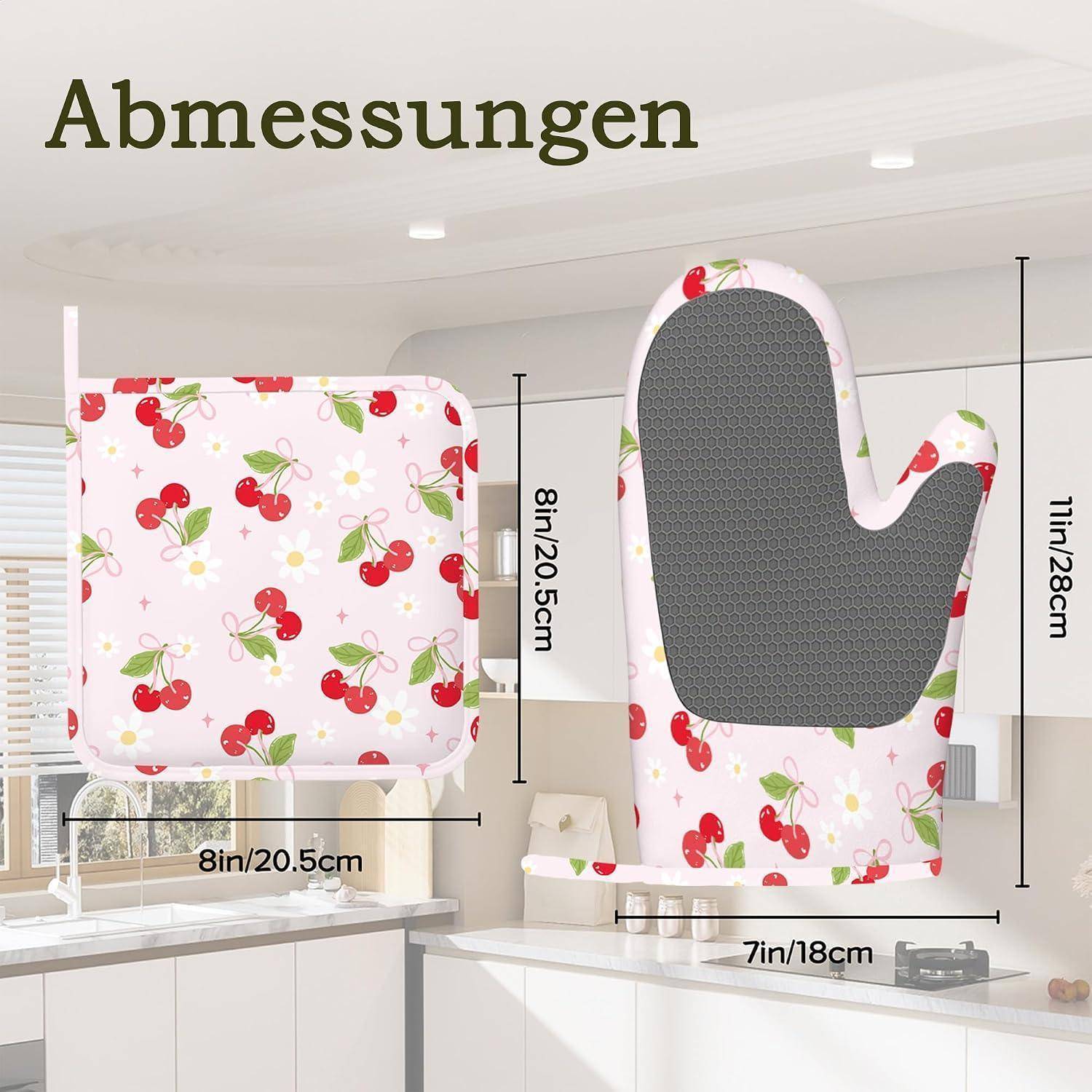 Größendiagramm für einen Ofenhandschuh mit Kirschendruck: Quadrat ist 8 x 8 Zoll (20,5 cm), Handschuh ist 11 x 7 Zoll (28 x 18 cm).