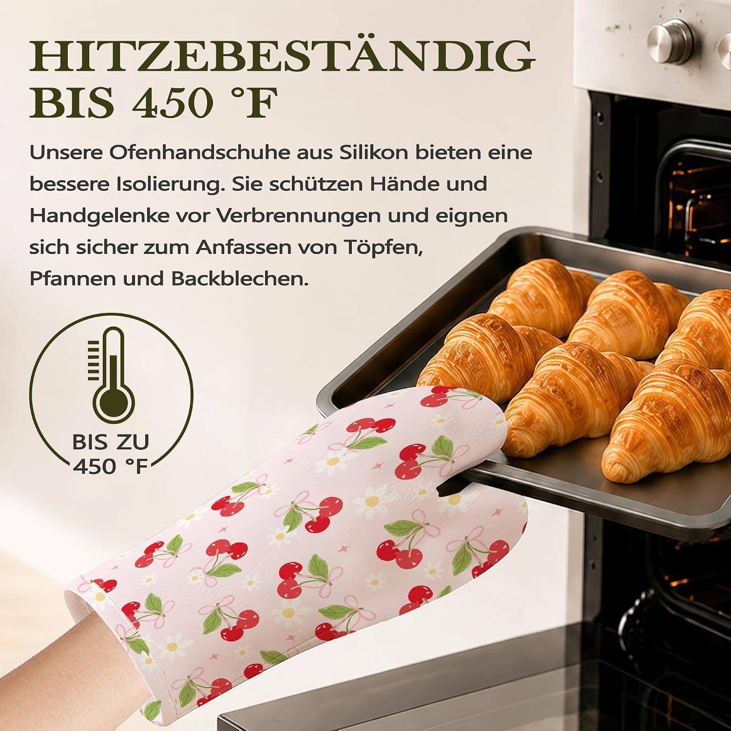 Anzeige mit kirschmuster-Silikon-Ofenhandschuh, der ein Tablett mit Croissants aus dem Ofen nimmt, mit Text: „Hitzebeständig bis 450°F