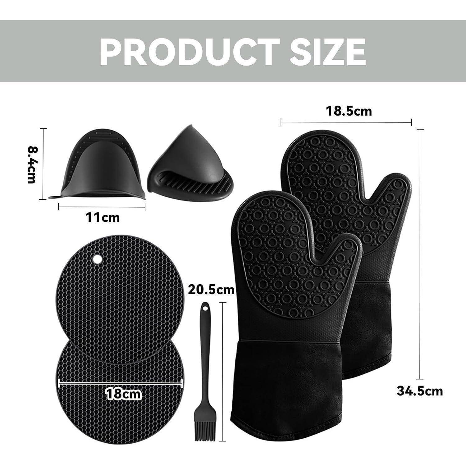 Produktgrößen-Diagramm zeigt Silikon-Ofenhandschuhe und passende Griffpolster; enthält Abmessungen: Handschuhe 34,5 cm hoch, 18,5 cm breit, Polster 20,5 cm und 18 cm, kleinere Abdeckung 11 cm breit und 8,4 cm hoch.