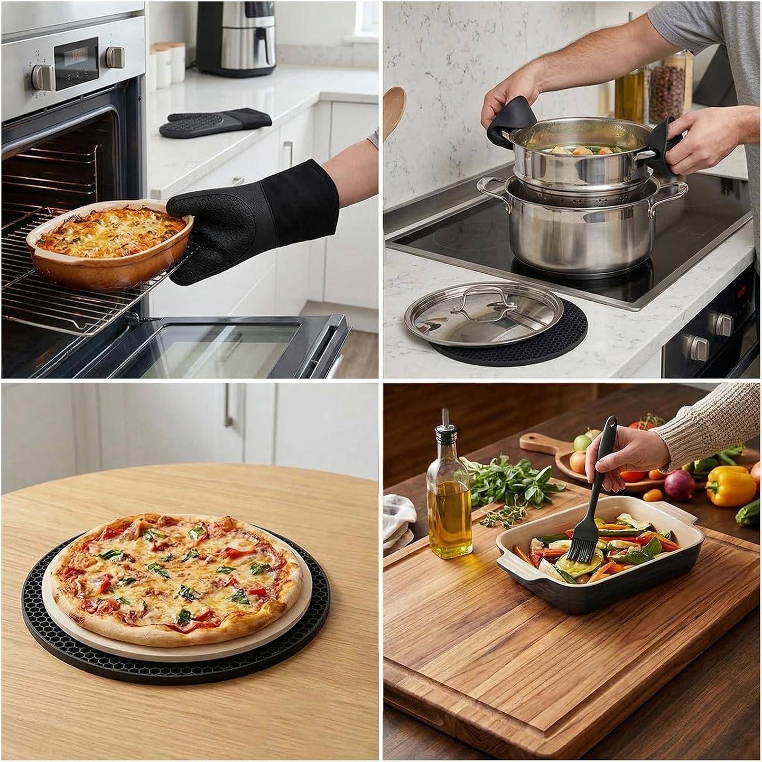 Collage zeigt eine schwarze hitzebeständige Backmatte, die verwendet wird, um heiße Gerichte sicher aus einem Ofen zu entnehmen, einen Topf auf einer Kochplatte zu stützen und eine Tischplatte unter einer Pizzapfanne und einer Auflaufform zu schützen.