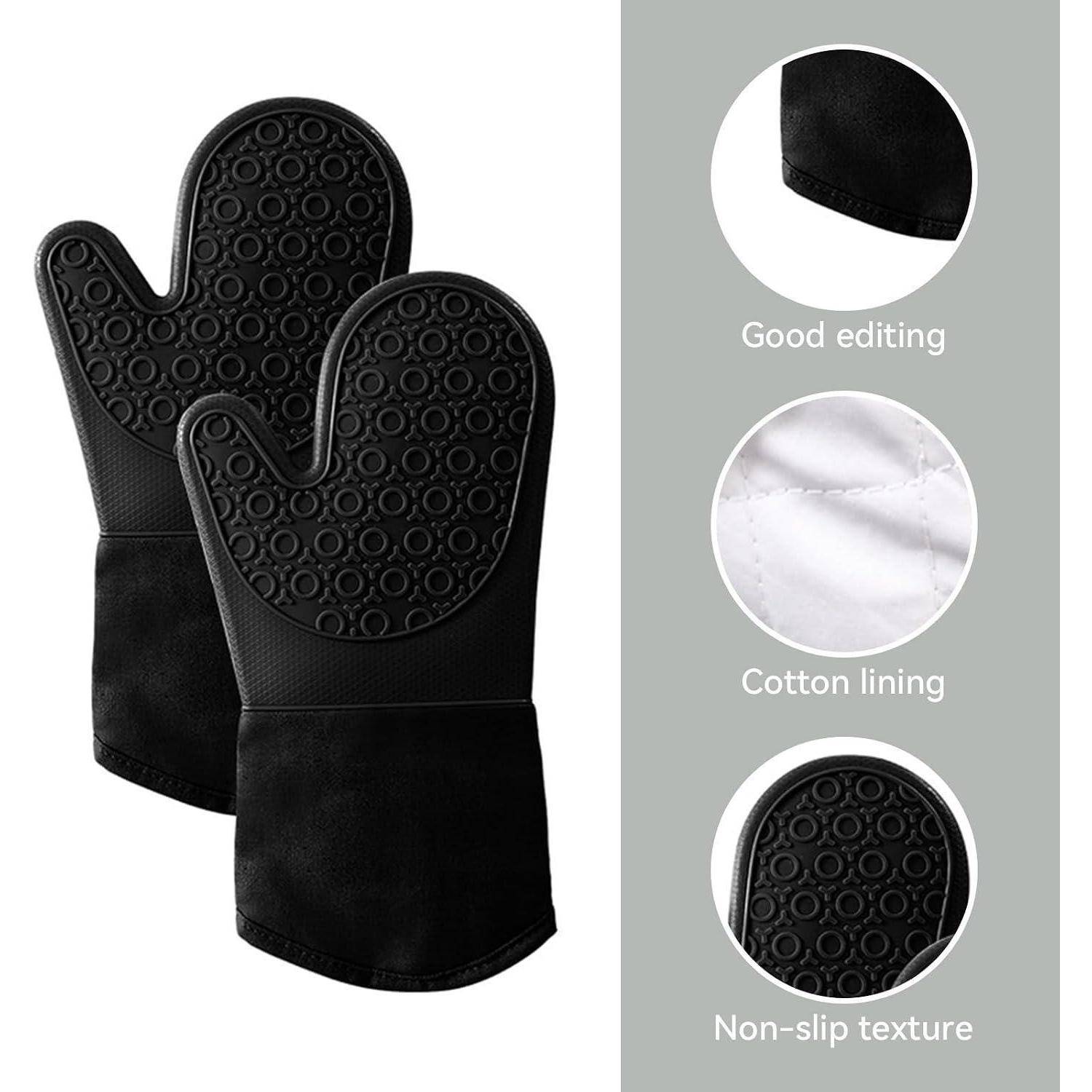 Schwarze Ofenhandschuhe mit strukturierter rutschfester Griffigkeit; seitliche Hinweise heben gute Nähte, Baumwollfutter und Griffmuster hervor.