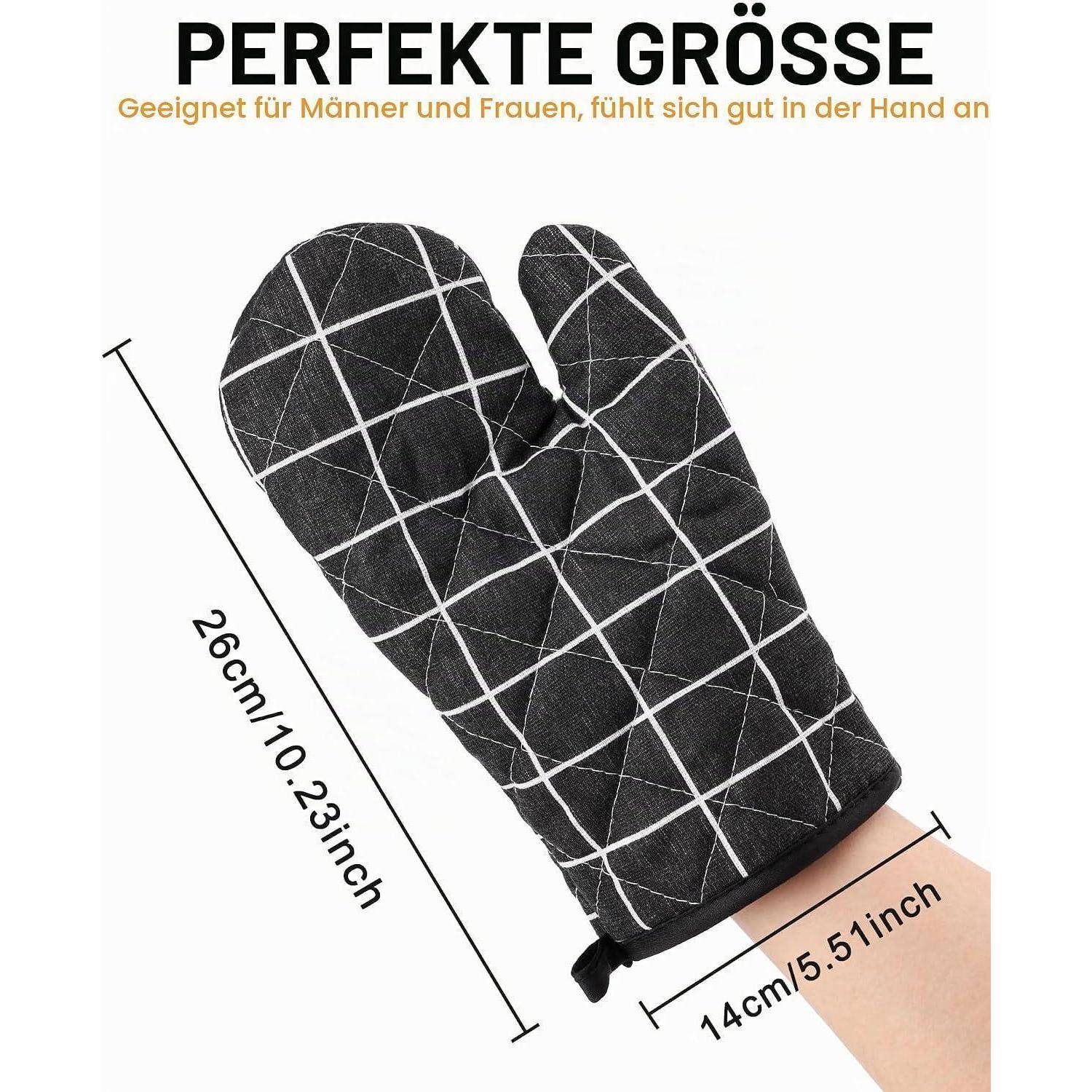 Schwarzer Ofenhandschuh mit Maßangaben 26 cm x 14 cm; Text sagt 'PERFEKTE GRÖSSE' und 'Geeignet für Männer und Frauen, fühlt sich gut in der Hand an'.