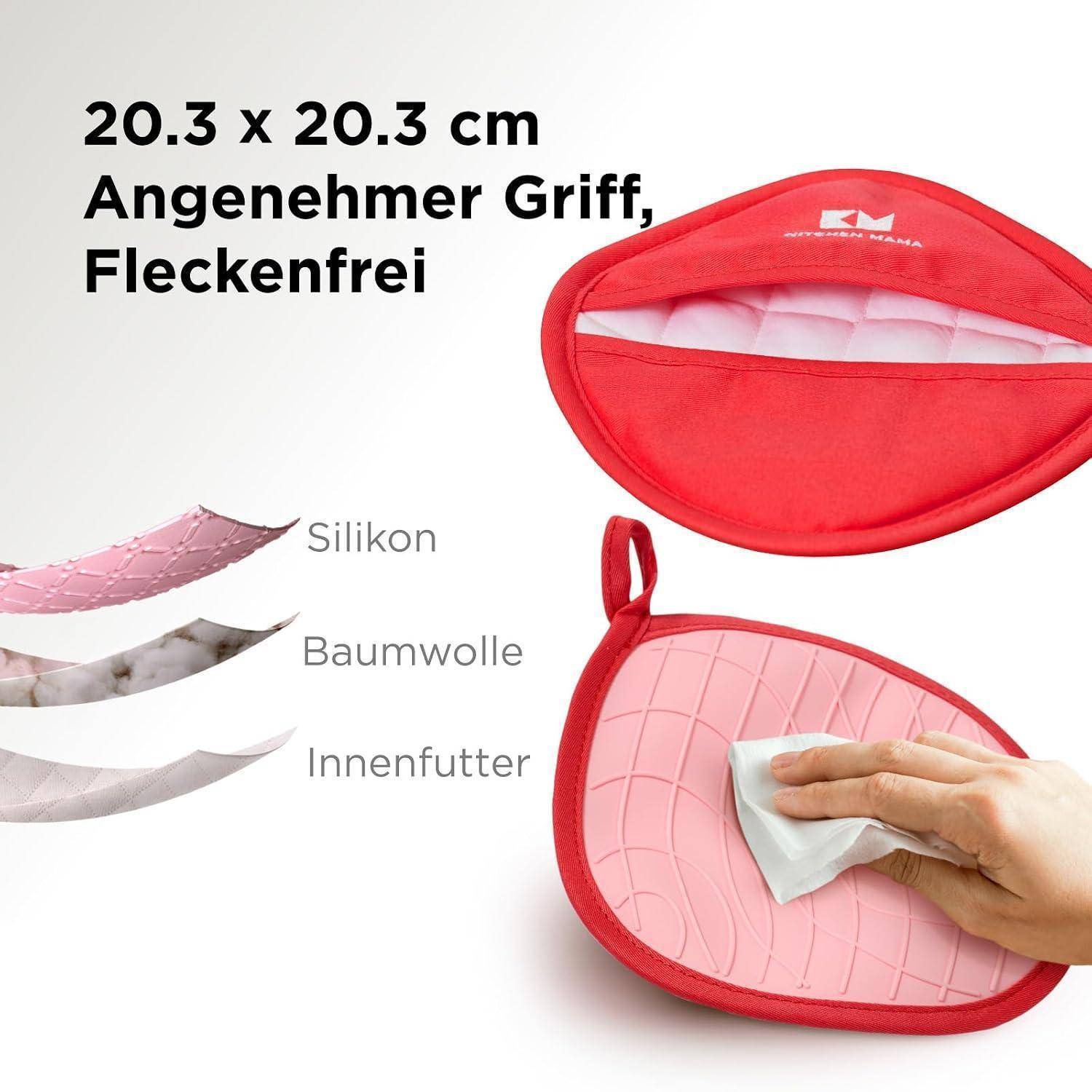 Produktbild einer roten Ofenhandschuh/Täschchen mit Reißverschluss, das die Größe von 20,3 x 20,3 cm zeigt, ergonomischen Griff, fleckenresistentes Material und gekennzeichnete Schichten: Silikon, Baumwolle, Innenfutter.