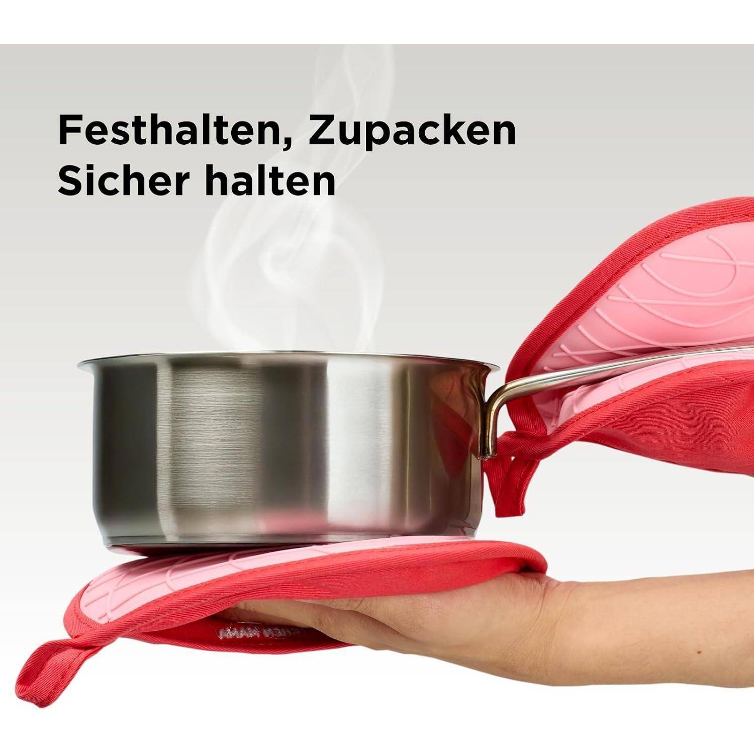 Kitchen Mama 2er Set Topflappen Rot Hitzebeständig 260°C Silikon Baumwolle