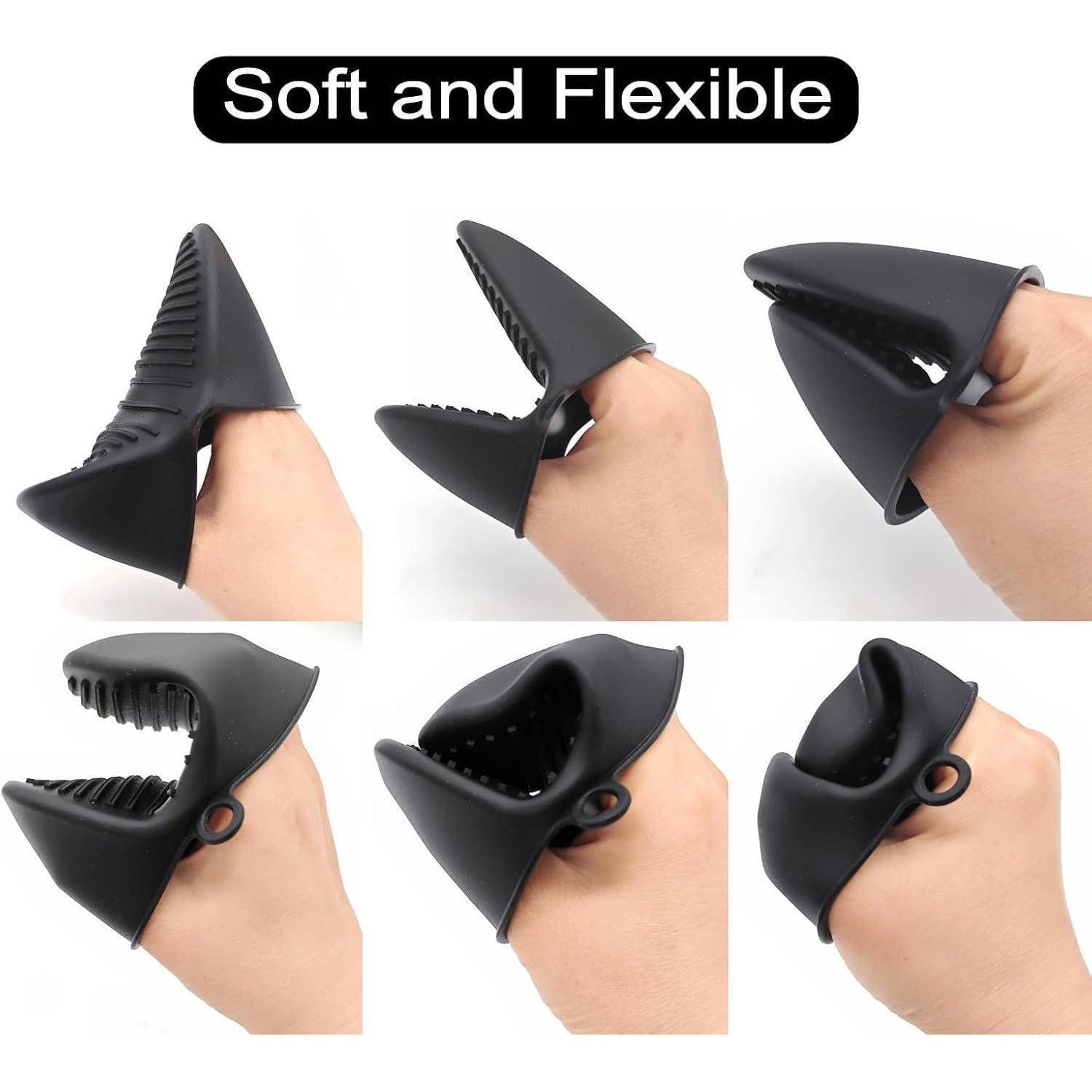 Collage einer schwarzen, weichen, flexiblen Handpuppe oder einer krallenähnlichen Abdeckung auf einer Hand, in mehreren Positionen gezeigt mit dem Text 