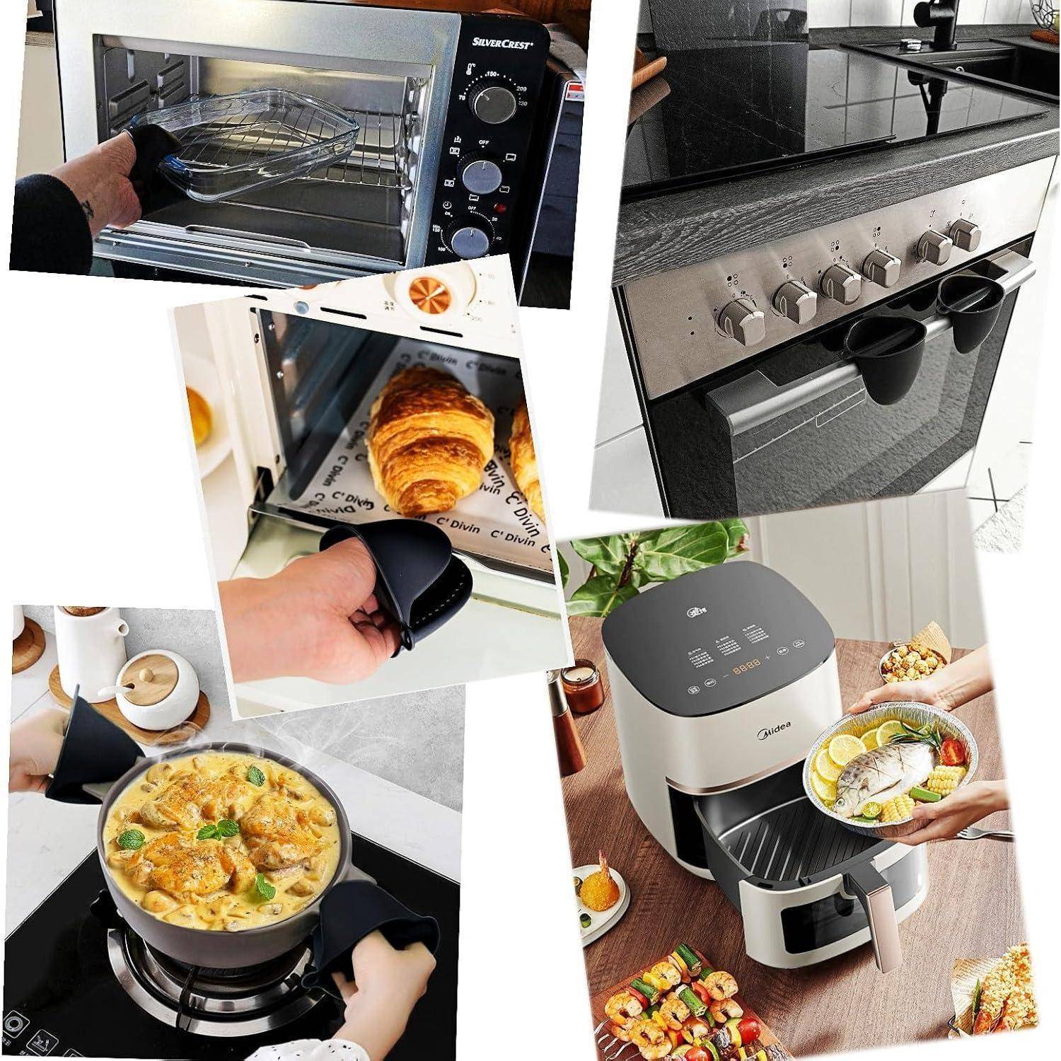 Collage von Küchengeräten und Kochen: Ofen mit Rost, eingebauter Herd, Toasterofen mit Croissant, Topf mit Essen auf der Kochplatte und Heißluftfritteuse mit serviertem Fisch und Gemüse auf einem Teller.