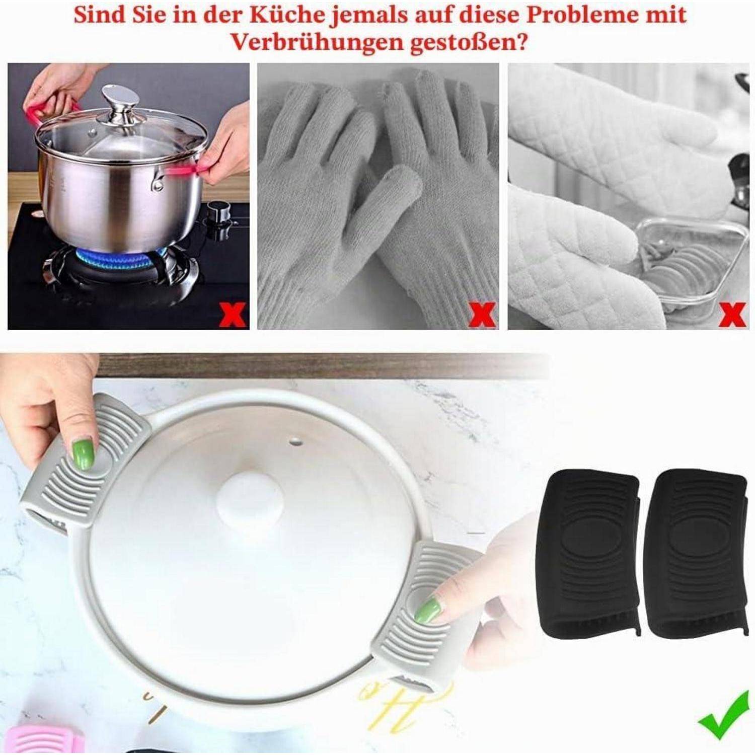 Deutsches Angebot zeigt Brandrisiken beim Kochen, dann Silikon-Topfhandschuhe, die sicher einen heißen Deckel und Pfannengriffe greifen.