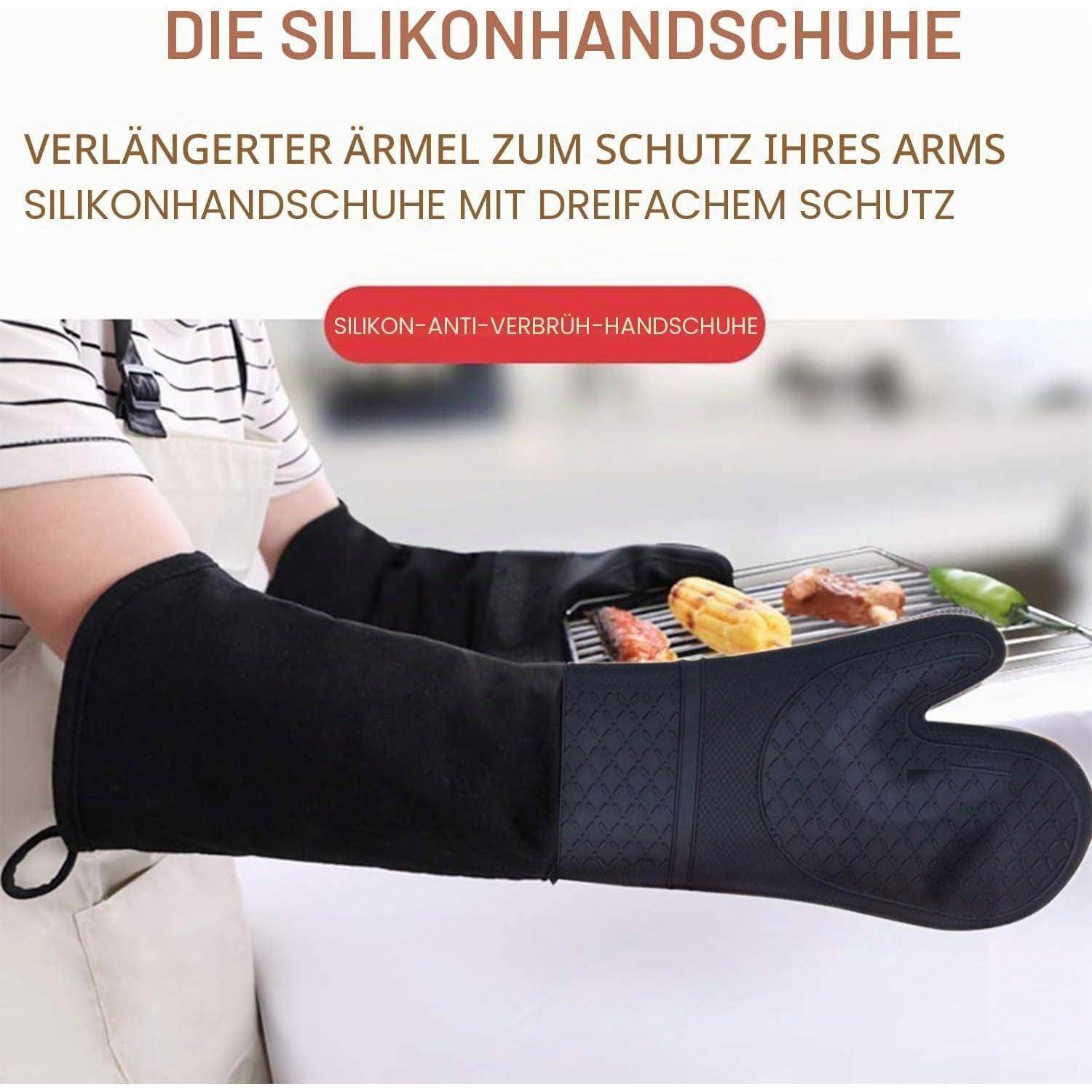 Person trägt schwarze Silikon-Ofenhandschuhe mit erweitertem Armschutz und hält ein heißes Grillrost mit Lebensmitteln; deutscher Text bewirbt dreifachen Schutz.