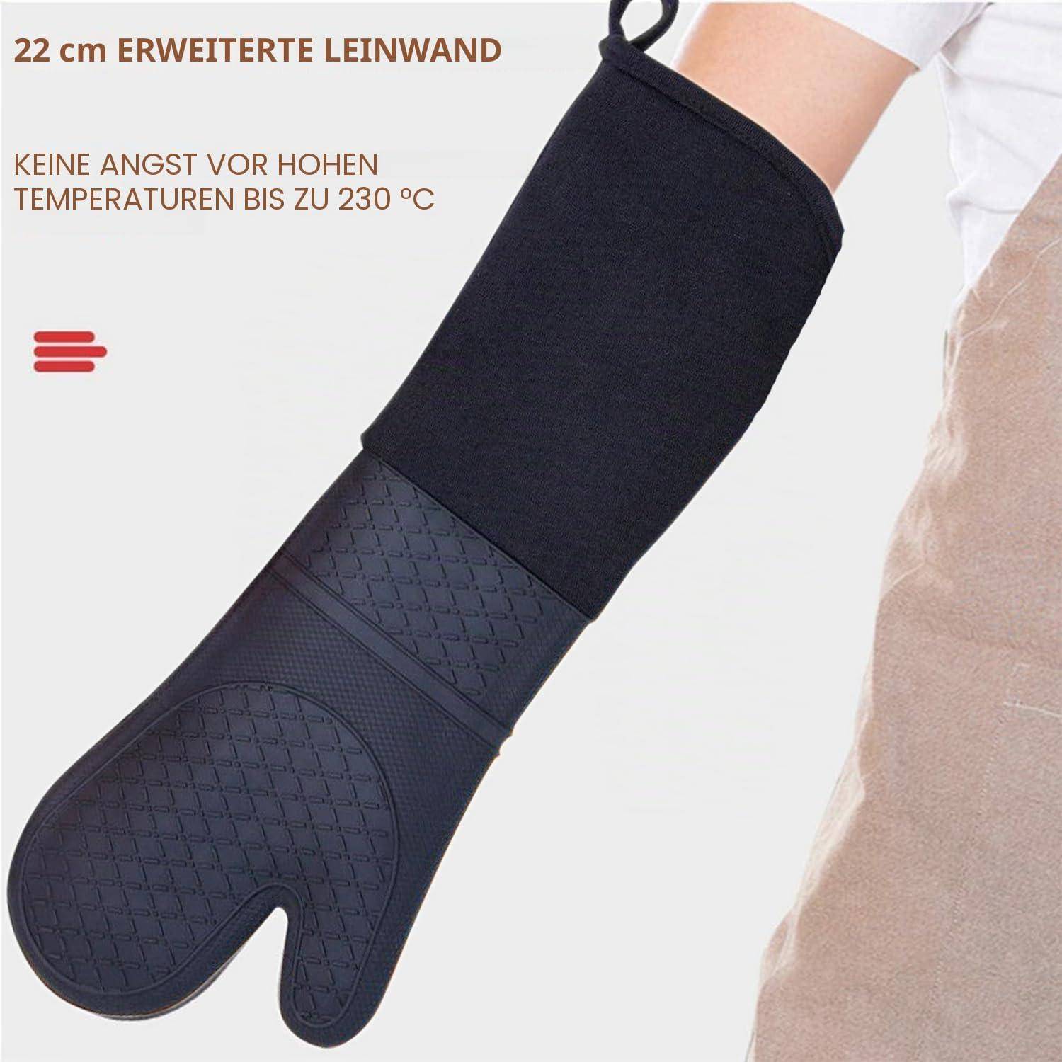 Schwarzer Ofenhandschuh mit verlängertem 22 cm Schaft, beworben als hitzebeständig bis 230°C.