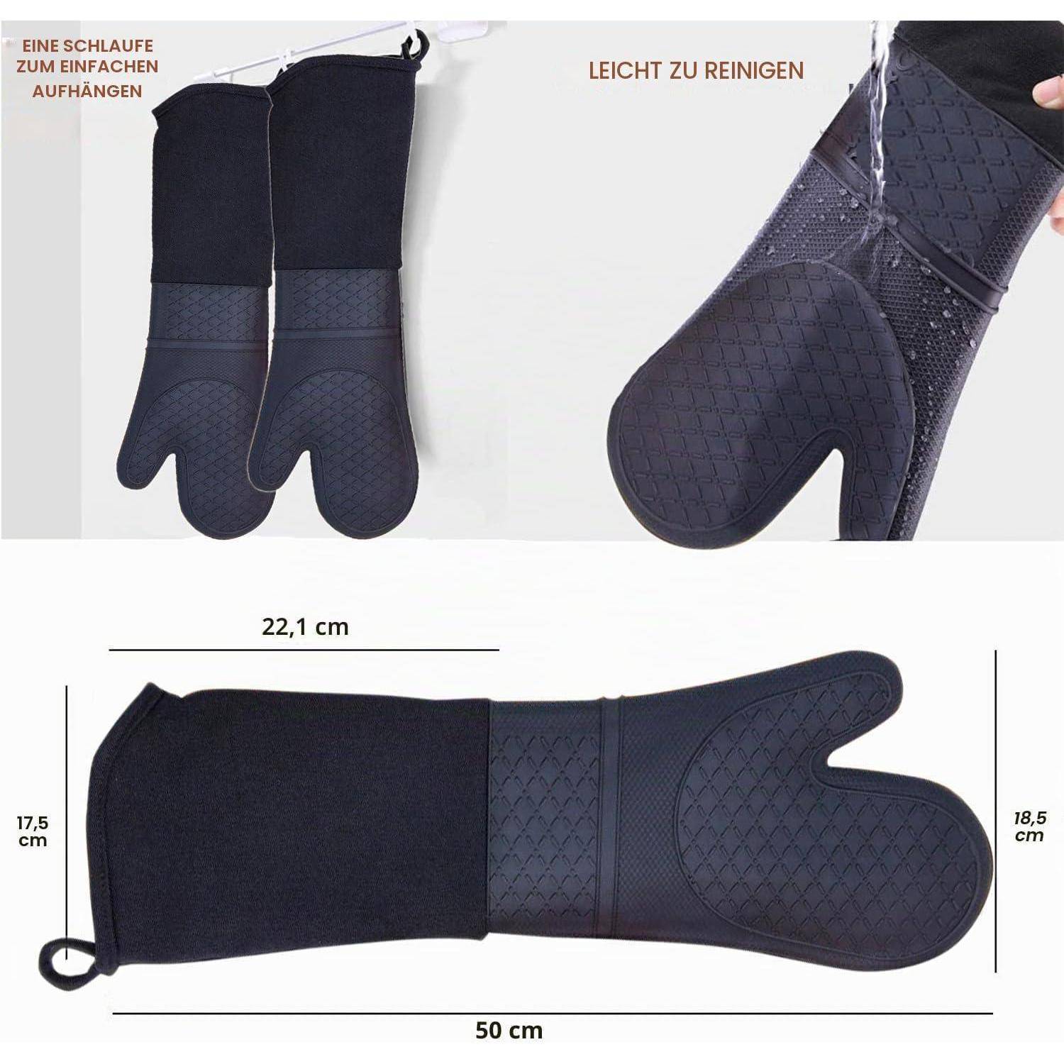 Produktbild eines schwarzen Ofenhandschuh-Paares, das hängend gezeigt wird und gereinigt wird; enthält Größenetiketten 50 cm lang und 17,5–18,5 cm breit, mit deutschem Text „leicht zum Aufhängen