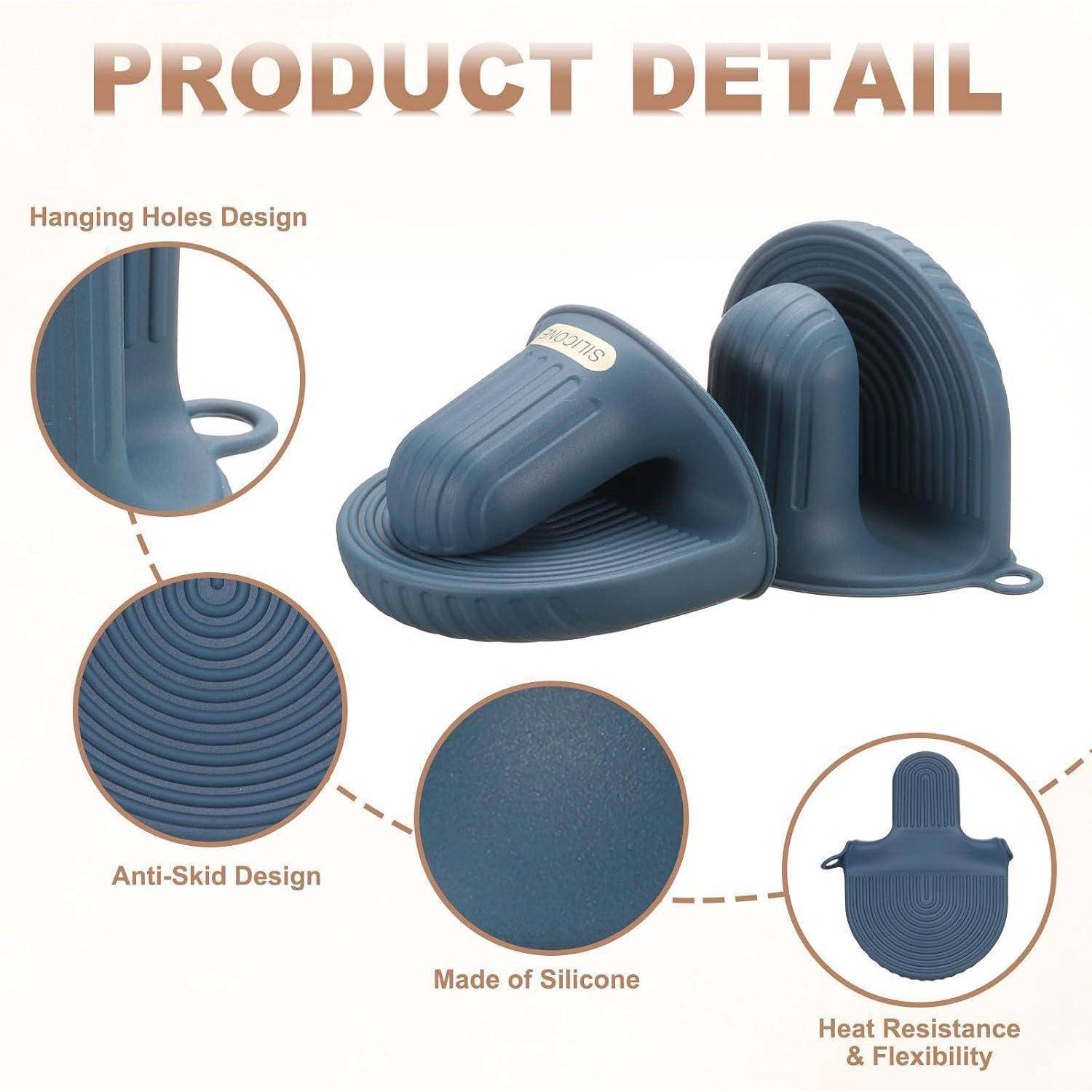 Produktdetail-Grafik, die einen blauen Silikon-Ofenhandschuh mit Aufhängelöchern, rutschfester strukturierter Griffoberfläche und Wärmeschutz- sowie Flexibilitätsmerkmalen zeigt.