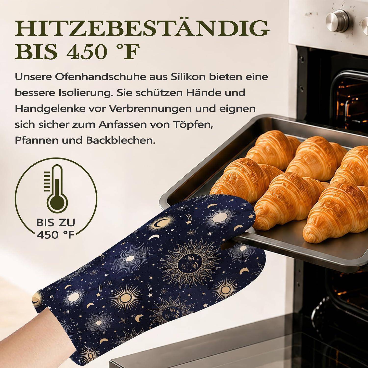 Anzeige für Silikon-Ofenhandschuhe, zeigt eine Hand, die ein Backblech mit Croissants hält; der Text besagt hitzebeständig bis 450°F und schützt Hände und Unterarme.