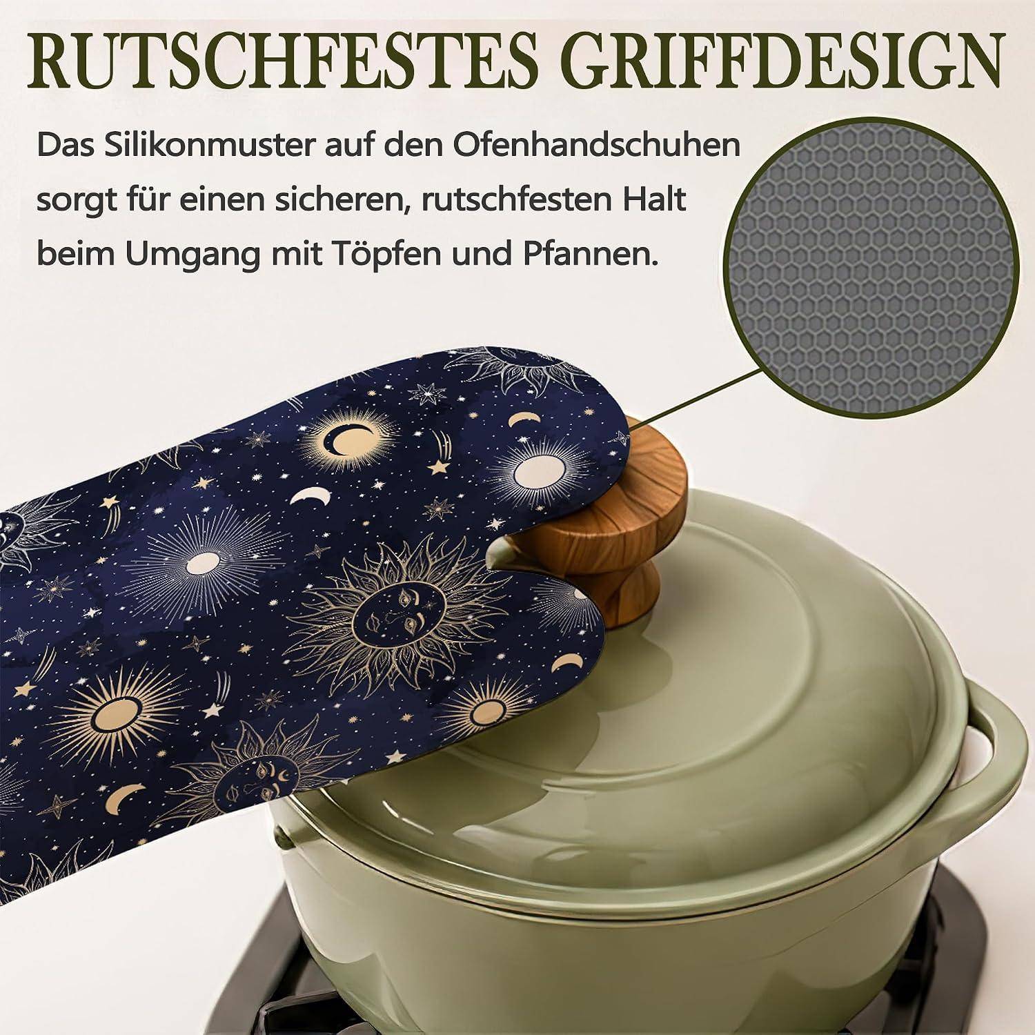 Abbildung eines Ofenhandschuhs, der einen Topfdeckel greift, mit Hervorhebung eines Silikon-Rutschfest-Griffdesigns; Deutscher Text besagt, dass er eine sichere Handhabung von Töpfen und Pfannen ermöglicht.