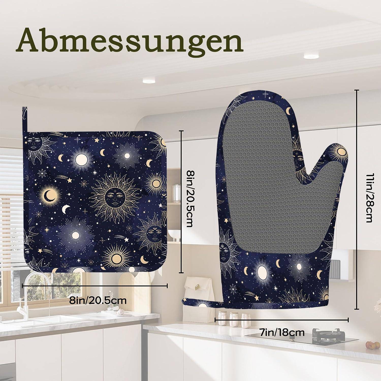 Bild zeigt Ofenhandschuh-Abmessungen mit Vorder- und Rückansicht eines marineblauen Ofenhandschuhs mit Himmelsdruck, gekennzeichnet mit 8 Zoll/20,5 cm breit, 11 Zoll/28 cm hoch und 7 Zoll/18 cm breit an der Basis.