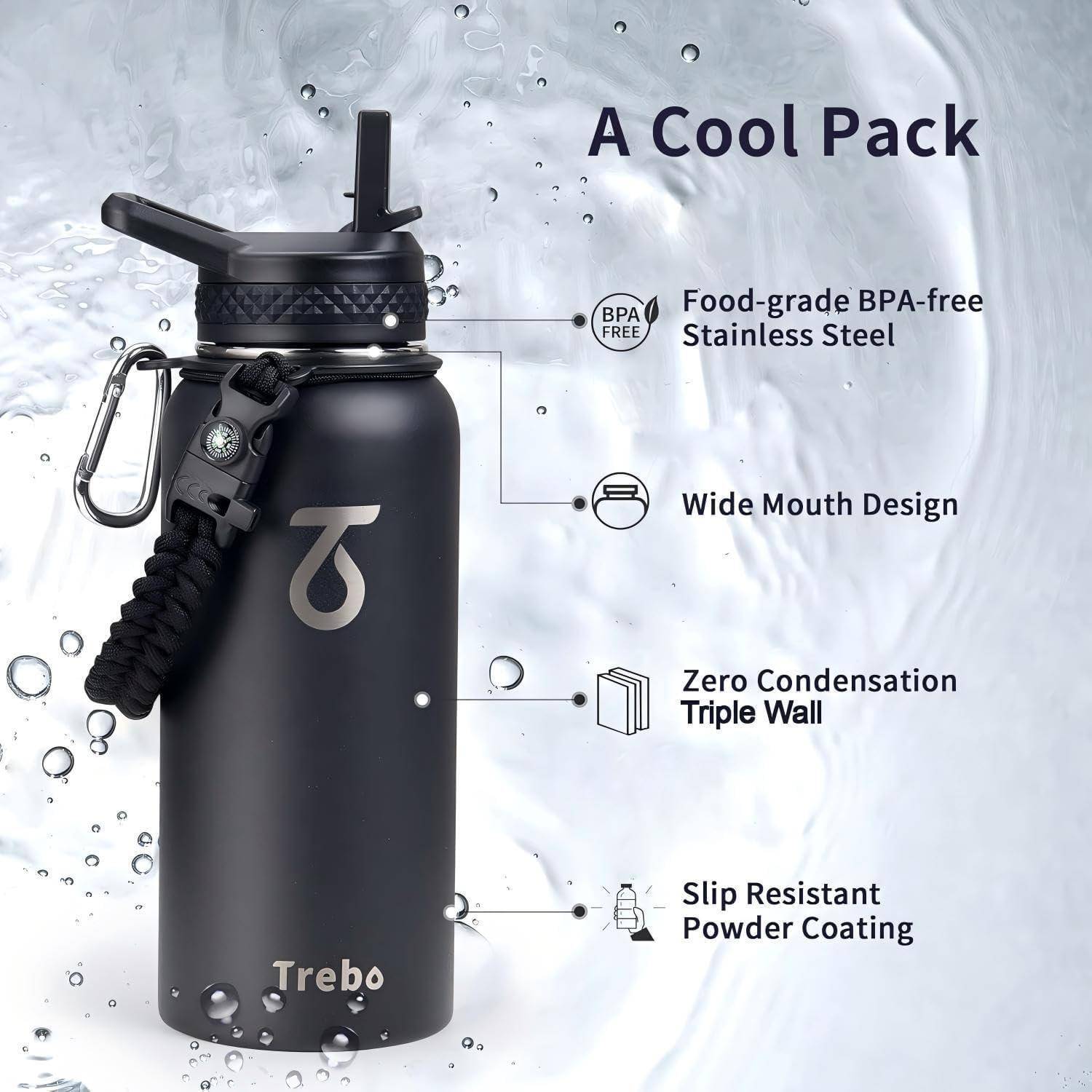 Black Trebo isolierte Wasserflasche mit Strohhalm-Deckel und Karabiner, gekennzeichnet mit „A Cool Pack