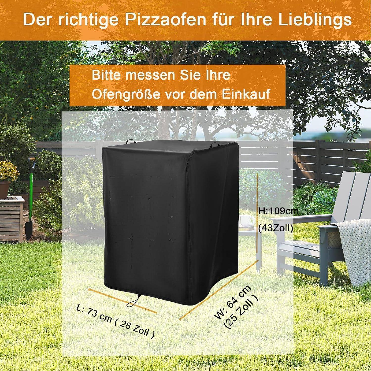 Schwarze Pizzaofenabdeckung mit Abmessungen L 73 cm, B 64 cm, H 109 cm, und deutscher Text, der Benutzer daran erinnert, die Ofengröße vor dem Kauf zu messen.