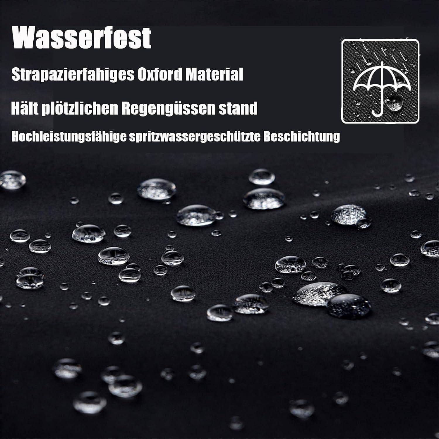Wasserdichtes schwarzes Oxford-Gewebe mit Wassertropfen; deutscher Text bewirbt langlebiges Material, das starkem Regen widersteht und eine hochleistungsfähige wasserabweisende Beschichtung hat.