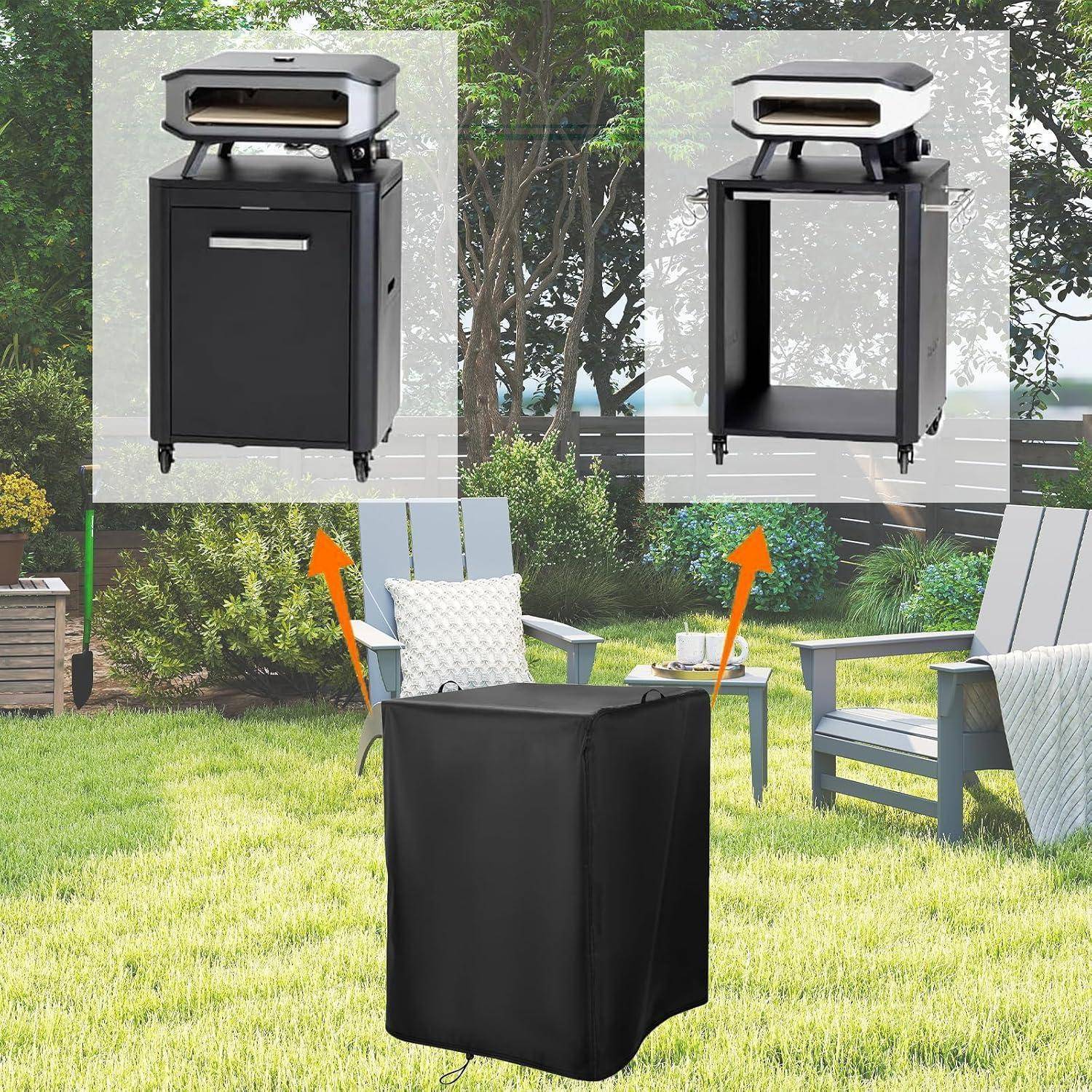 Grillwagen im Freien mit schwarzer Schutzhülle, gezeigt in einer Hinterhof-Terrasse mit Detailansichten des Wagens und des Grills oben.