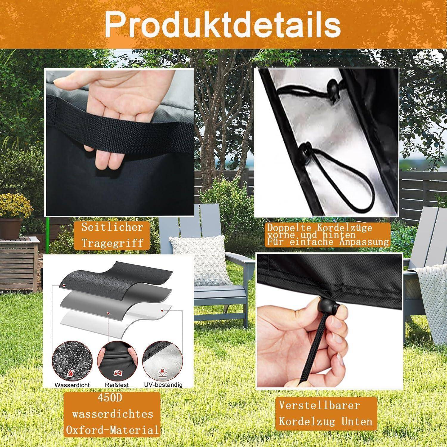 Schwarze Outdoor-Schutzhülle mit Seitentragehenkel, Kordelzügen zur einfachen Verstellung, wasserdichtem 450D-Oxford-Material und verstellbarem Bodenzug.