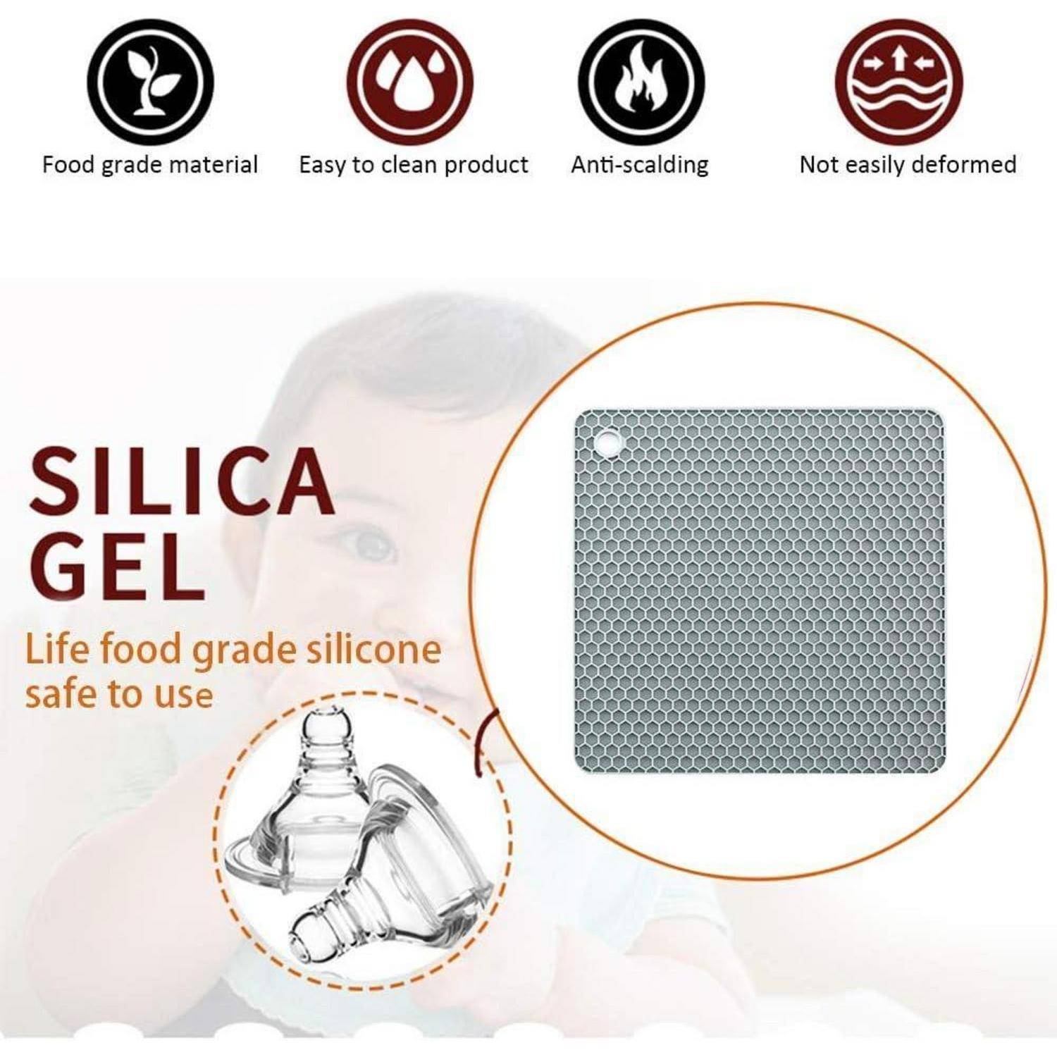 Lebensmittelqualität Silica Gel Silikonmatte, sicher in der Anwendung; Symbole zeigen Lebensmittelqualität, leicht zu reinigen, hitzebeständig und nicht leicht verformbar.