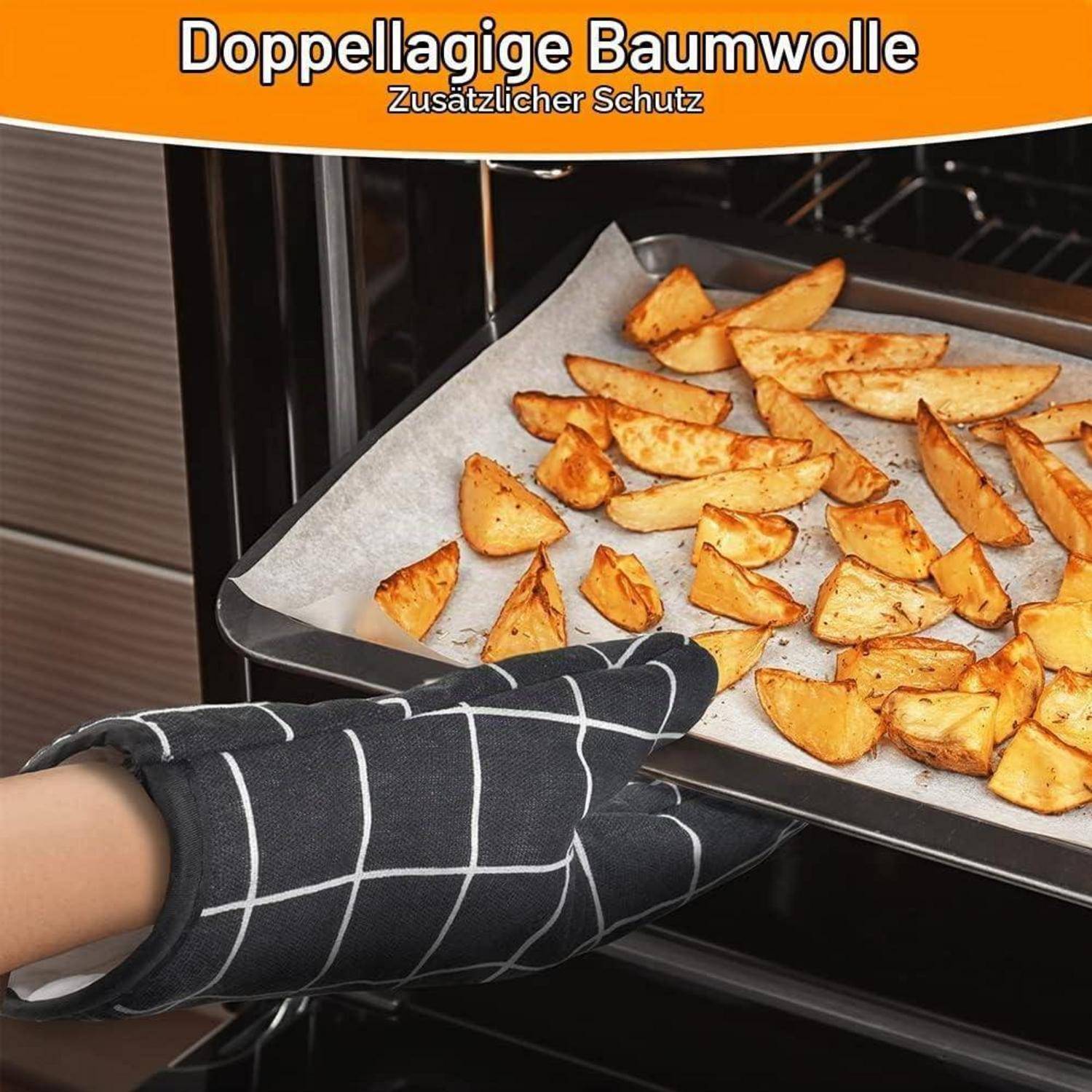 Ofenhandschuh hält ein heißes Backblech mit gerösteten Kartoffelspalten; Text lautet „Doppellagige Baumwolle