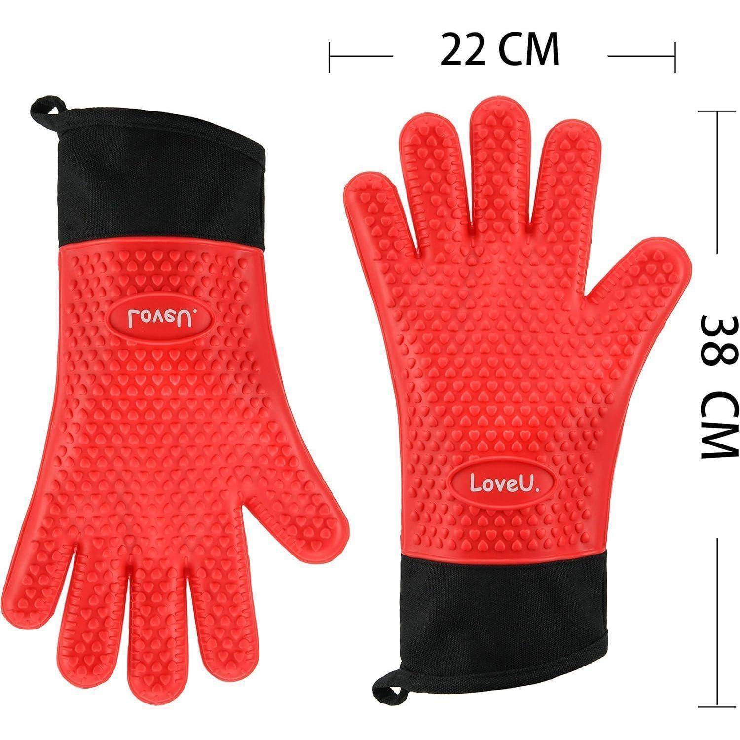 Rote hitzebeständige Silikon-Ofenhandschuh shown front and back, schwarze Manschette, mit beschrifteten Abmessungen 22 cm breit und 38 cm lang.