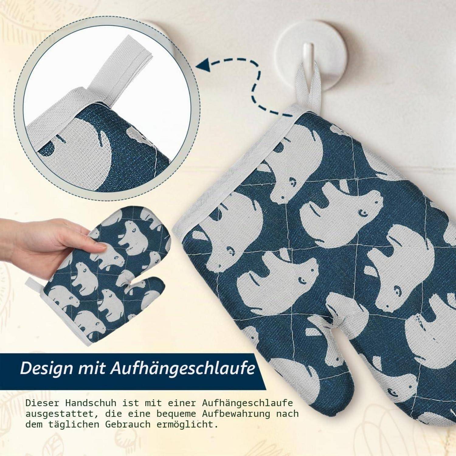 Blauer Ofenhandschuh mit Aufhängeschlaufe, gezeigt mit einer Nahaufnahme und deutschem Text „Design mit Aufhängeschlaufe