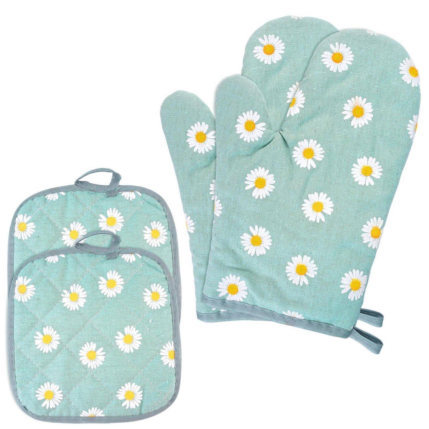Mintgrüner Ofenhandschuh mit Gänseblümchen-Muster und passendes Topflappen-Set mit grauem Rand auf weißem Hintergrund.