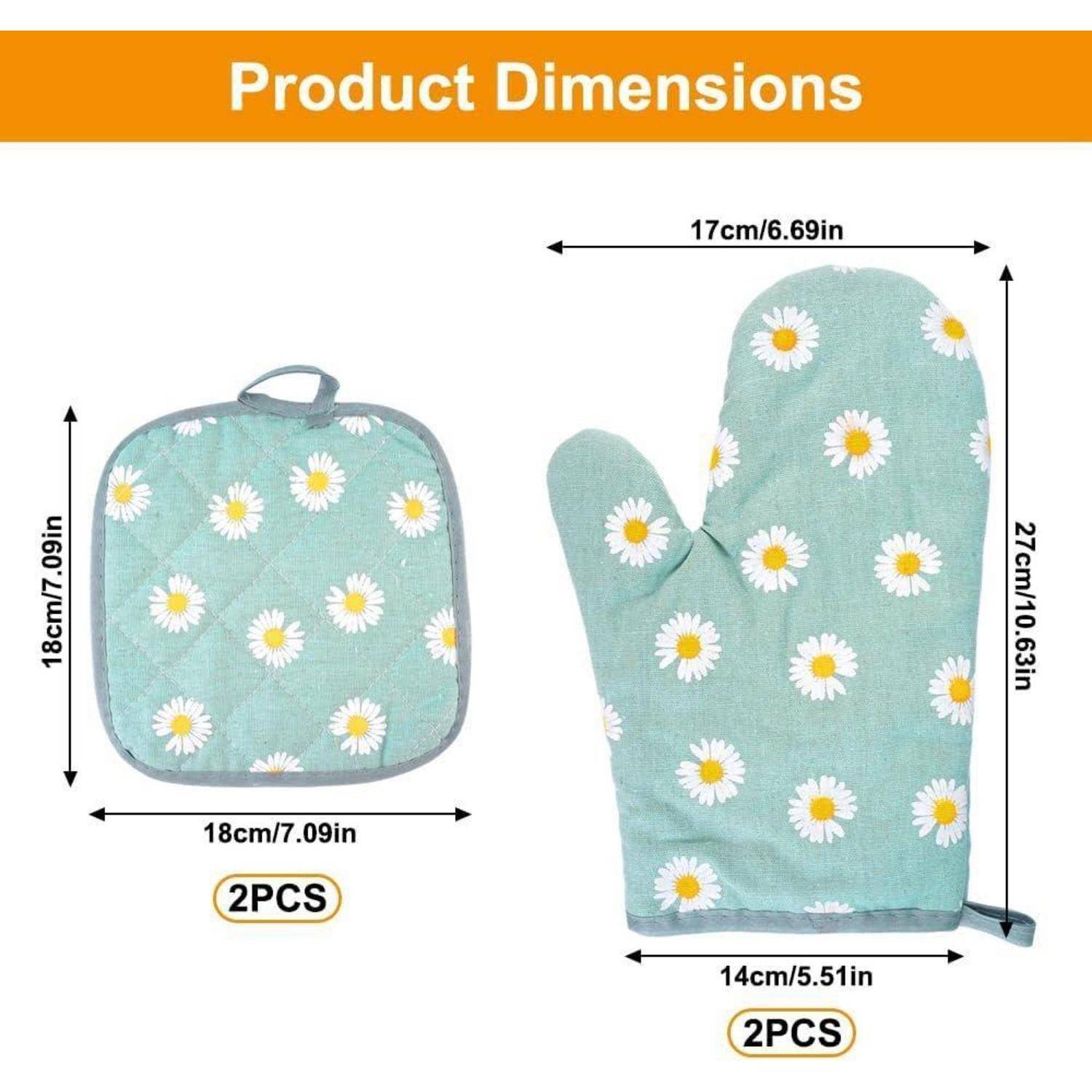Produktdimensionen-Grafik für ein zweiteiliges mintfarbenes Gänseblümchen-Set: Tasche ist 18 cm x 18 cm, Ofenhandschuh ist 27 cm hoch und 17 cm breit oben, 14 cm an der Basis.
