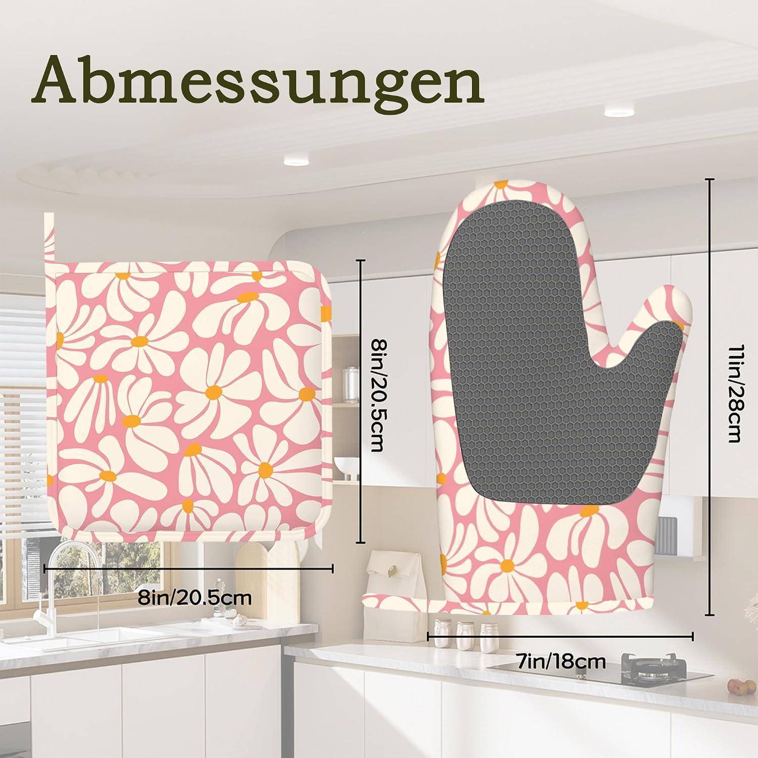 Illustration einer rosa blumigen Ofenhandschuh und passender Topflappen mit Größenbeschriftungen in Zoll und Zentimetern.