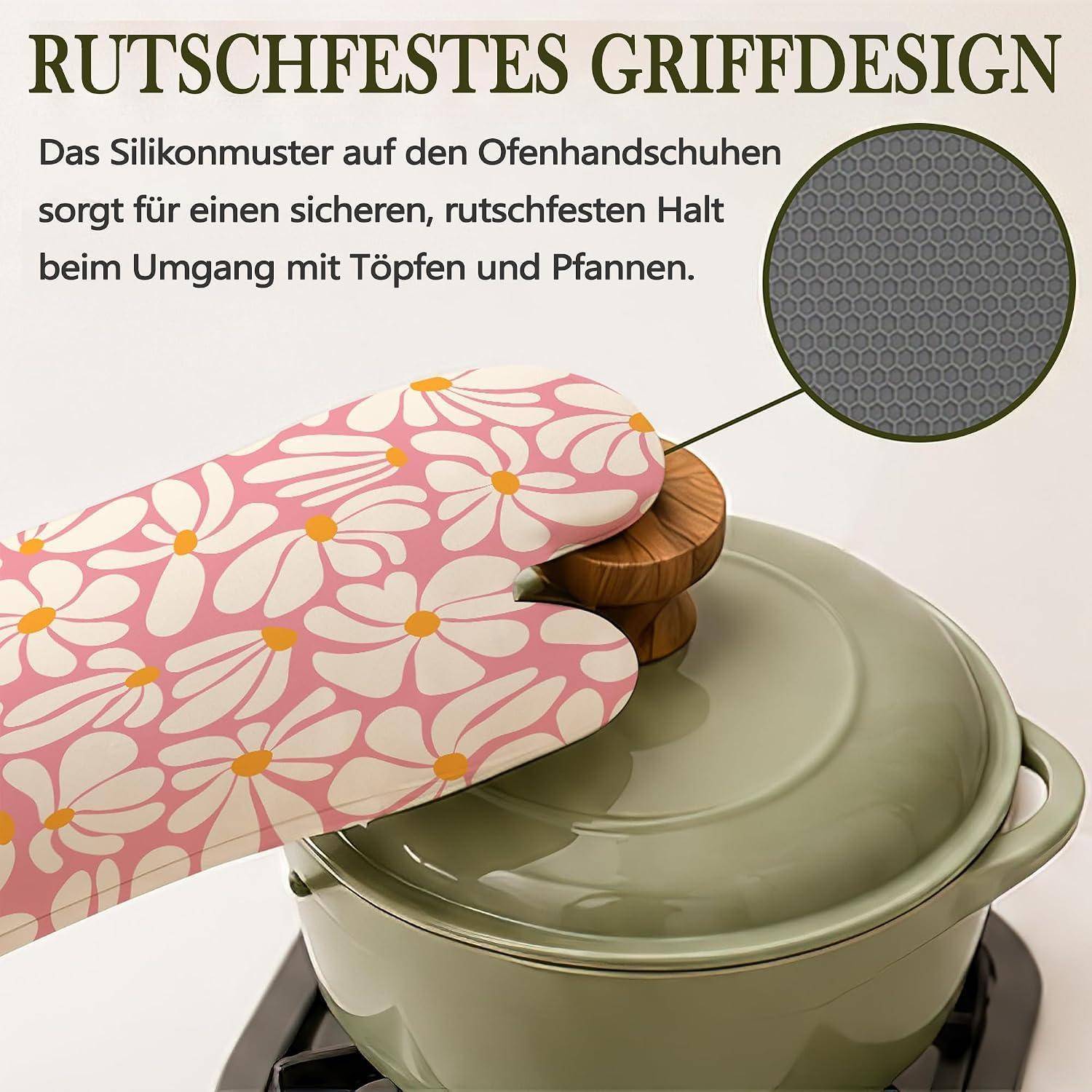 Illustration eines Ofenhandschuhs, der einen Topfdeckel hält, wobei ein Silikon-Rutschfestdesign für sicheres Handling von Töpfen und Pfannen hervorgehoben wird.