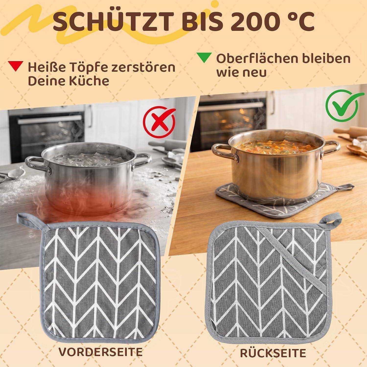 Werbegrafik, die einen hitzebeständigen Topflappen zeigt, der bis 200°C schützt; heiße Töpfe können Küchen beschädigen, während Oberflächen wie neu bleiben.