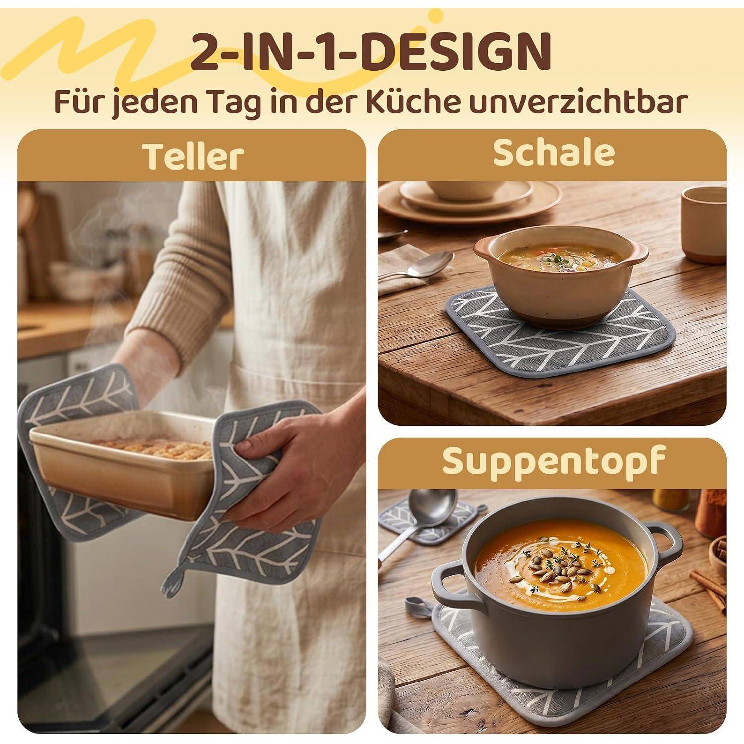 Werbebild eines grauen 2-in-1-Küchentrivets, das unter einem Teller, einer Schale oder einem Suppentopf verwendet wird, mit den Beschriftungen 