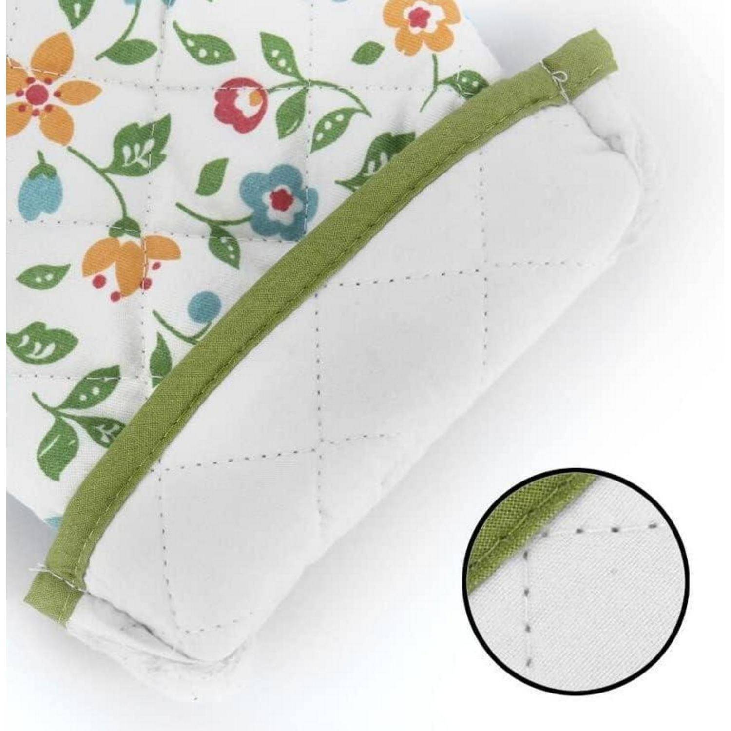 Ecke aus gestepptem Blumenstoff mit grünem Besatz und weiß gestepptem Rücken, plus eine kleine Vergrößerung mit detaillierter Nahaufnahme der Sticktechnik.